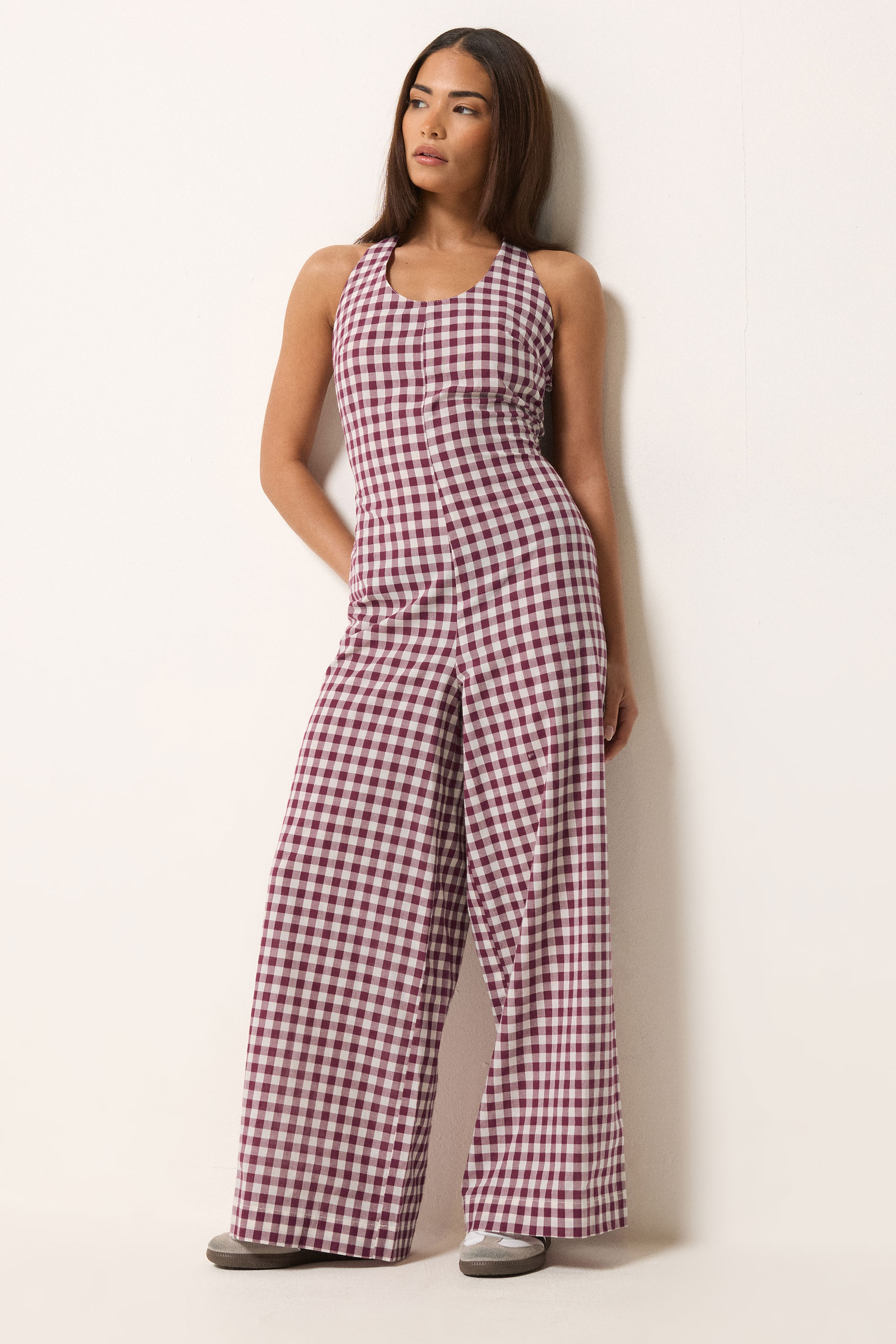 PixieGirl Petite Women's Plum Purple Gingham Wide Leg Jumpsuit | PixieGirl 3