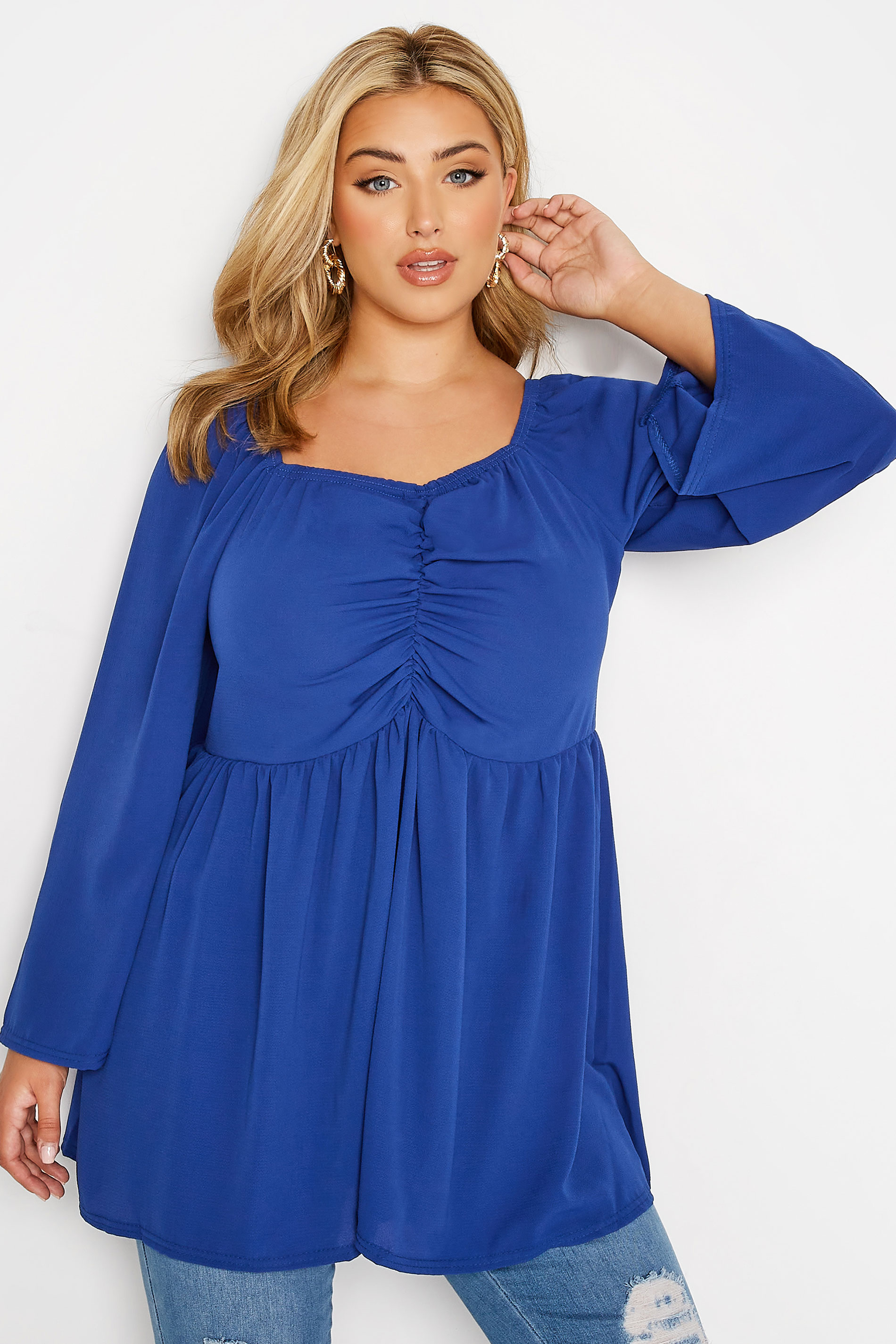 LIMITED COLLECTION Plus Size Cobalt Blue Ruched Blouse | Yours Clothing 1