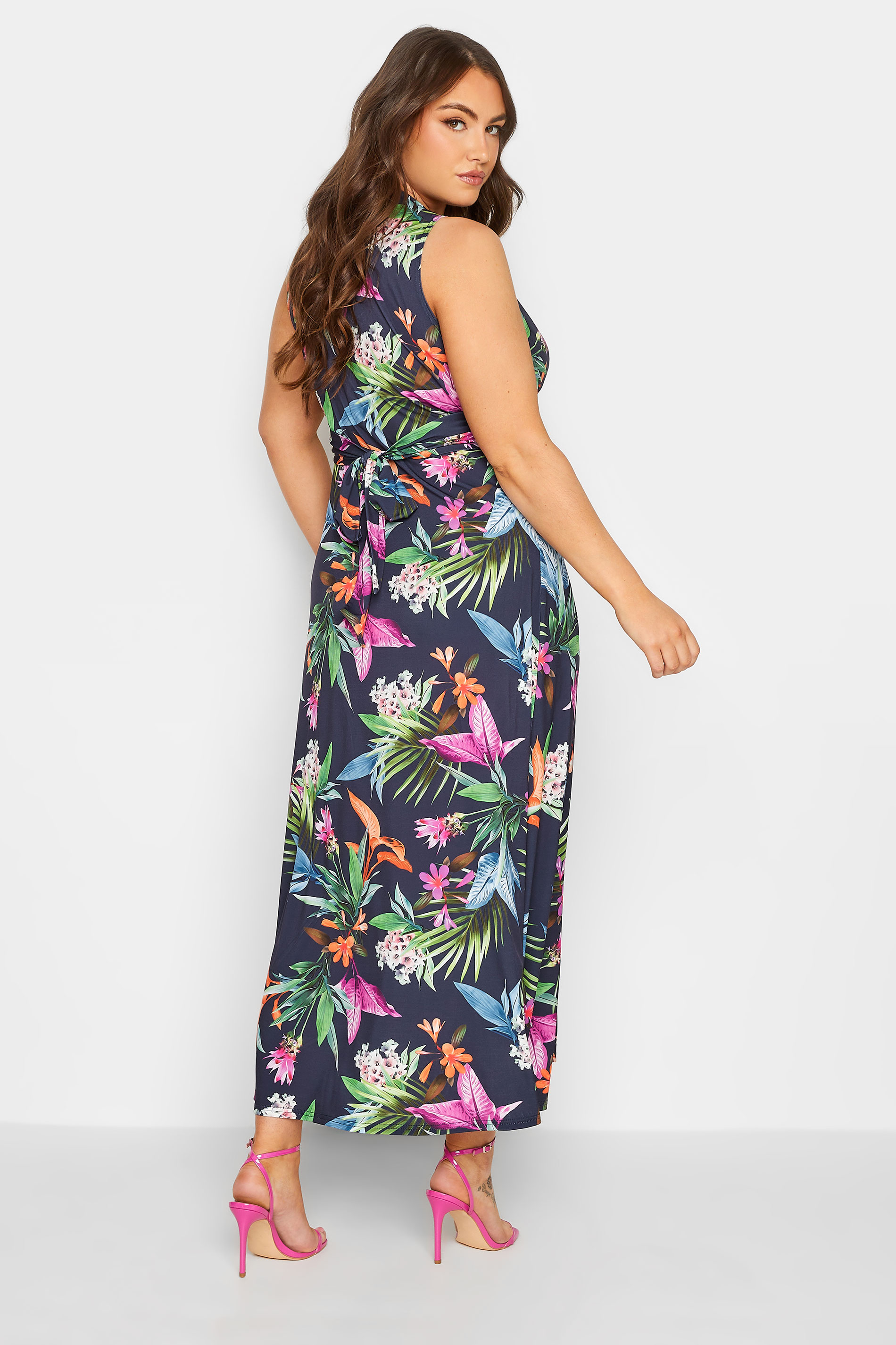 YOURS LONDON Plus Size Curve Navy Blue Tropical Print Knot Front Maxi Dress | Yours Clothing  3