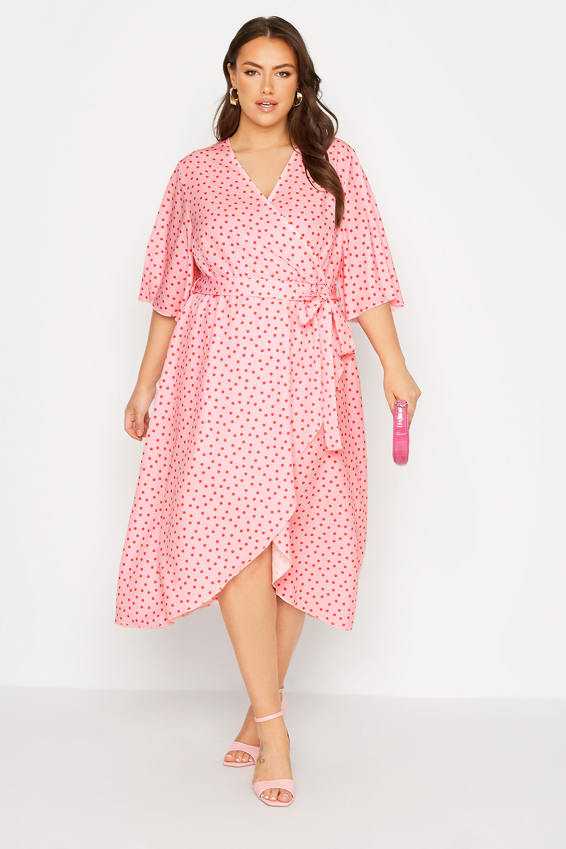 Robes Grande Taille Grande taille  Robes Portefeuilles | YOURS LONDON - Robe Rose à Pois Rouge Style Portefeuille - YQ73364