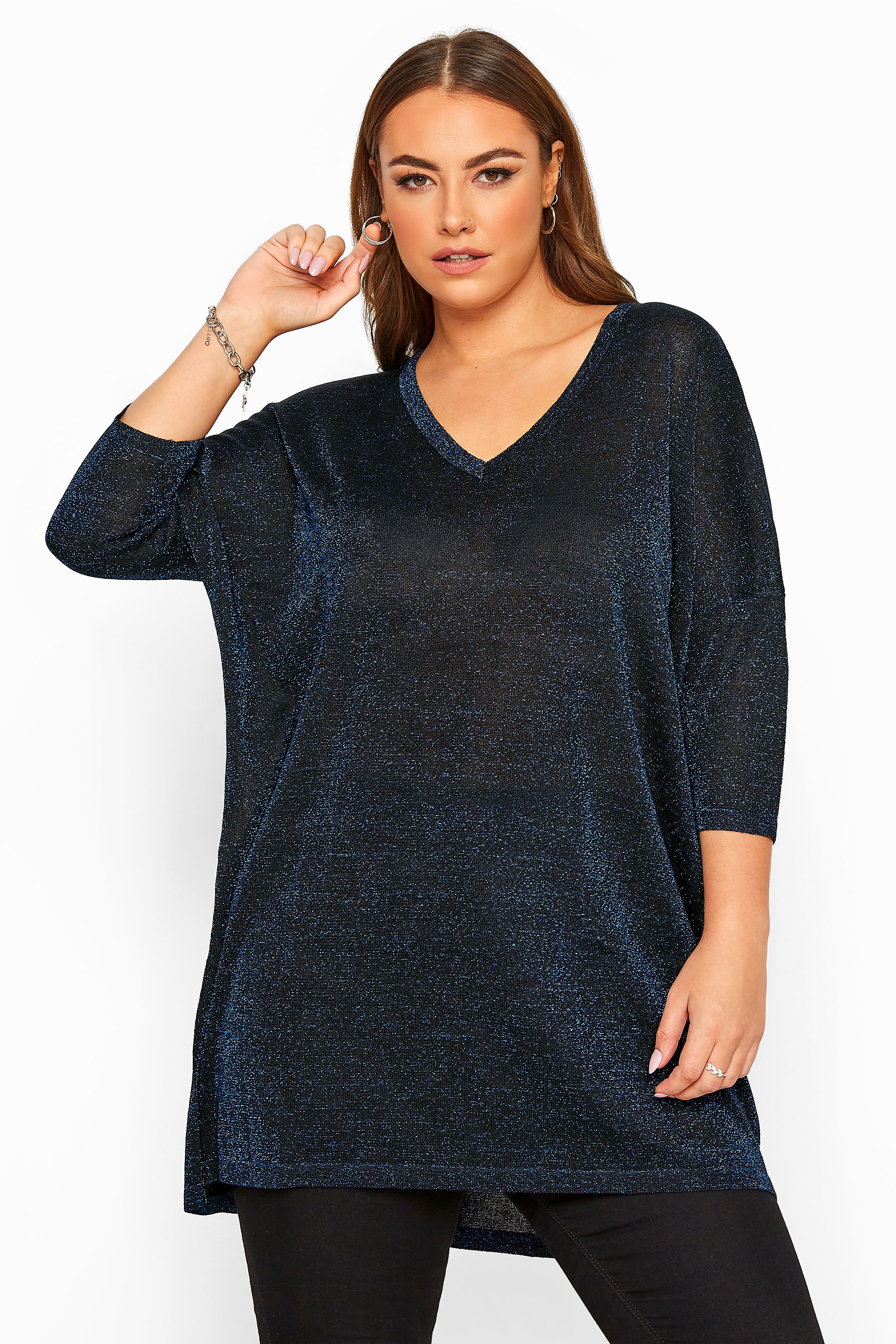 Cobalt Blue Metallic Dipped Hem Knitted Top | Yours Clothing