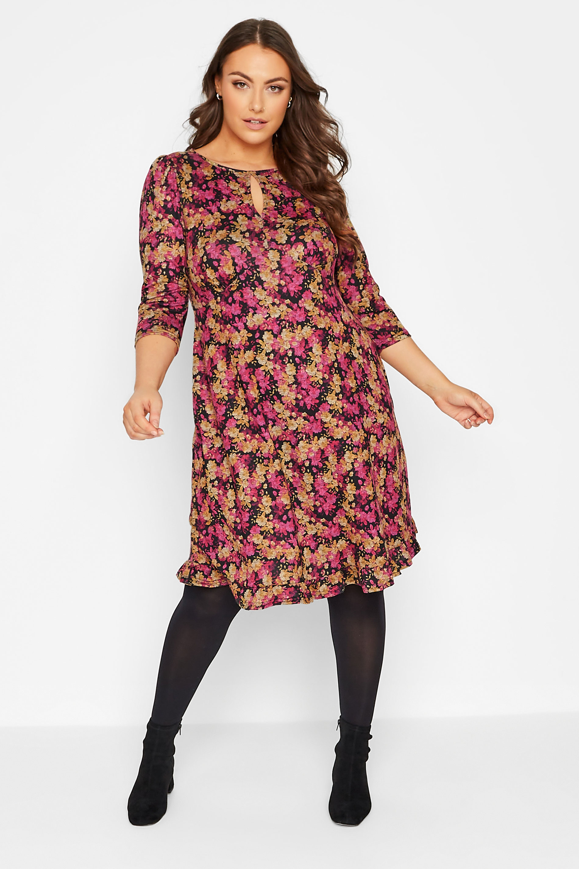 Curve Plus Size Womens Pink & Yellow Floral Midi Dress | Yours Clothing 1