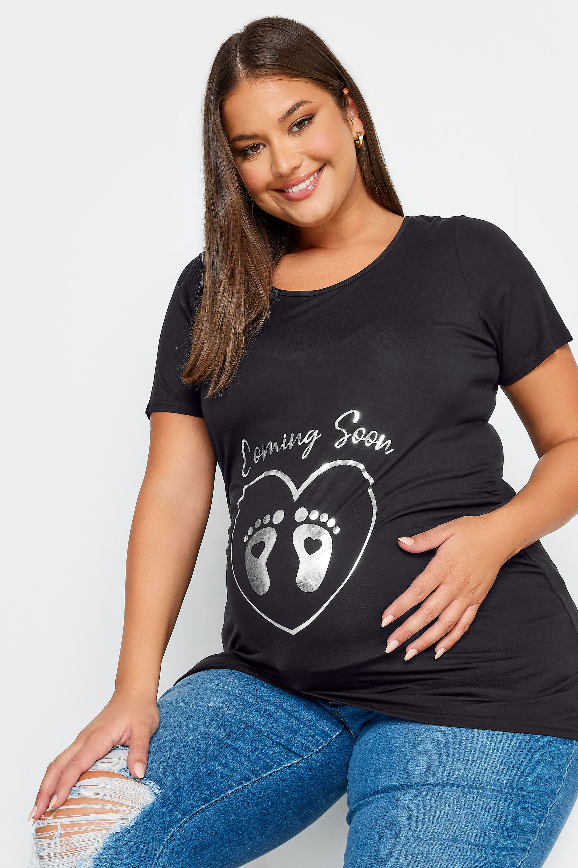 BUMP IT UP MATERNITY Plus Size Black 'Coming Soon' Slogan T-shirt | Yours Clothing 2