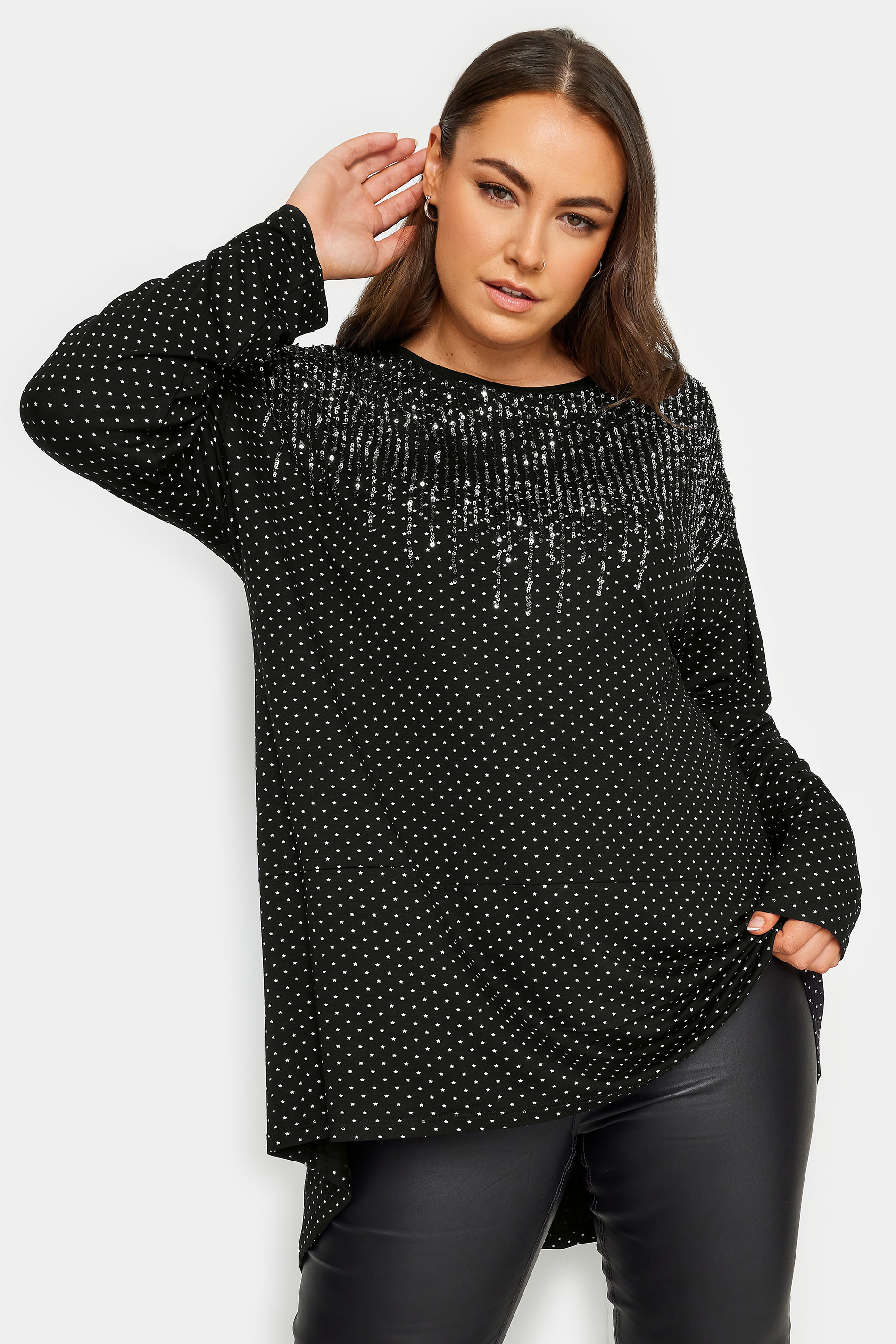 YOURS Plus Size Black Sequin Embellished Long Sleeve Top | Yours Clothing 1