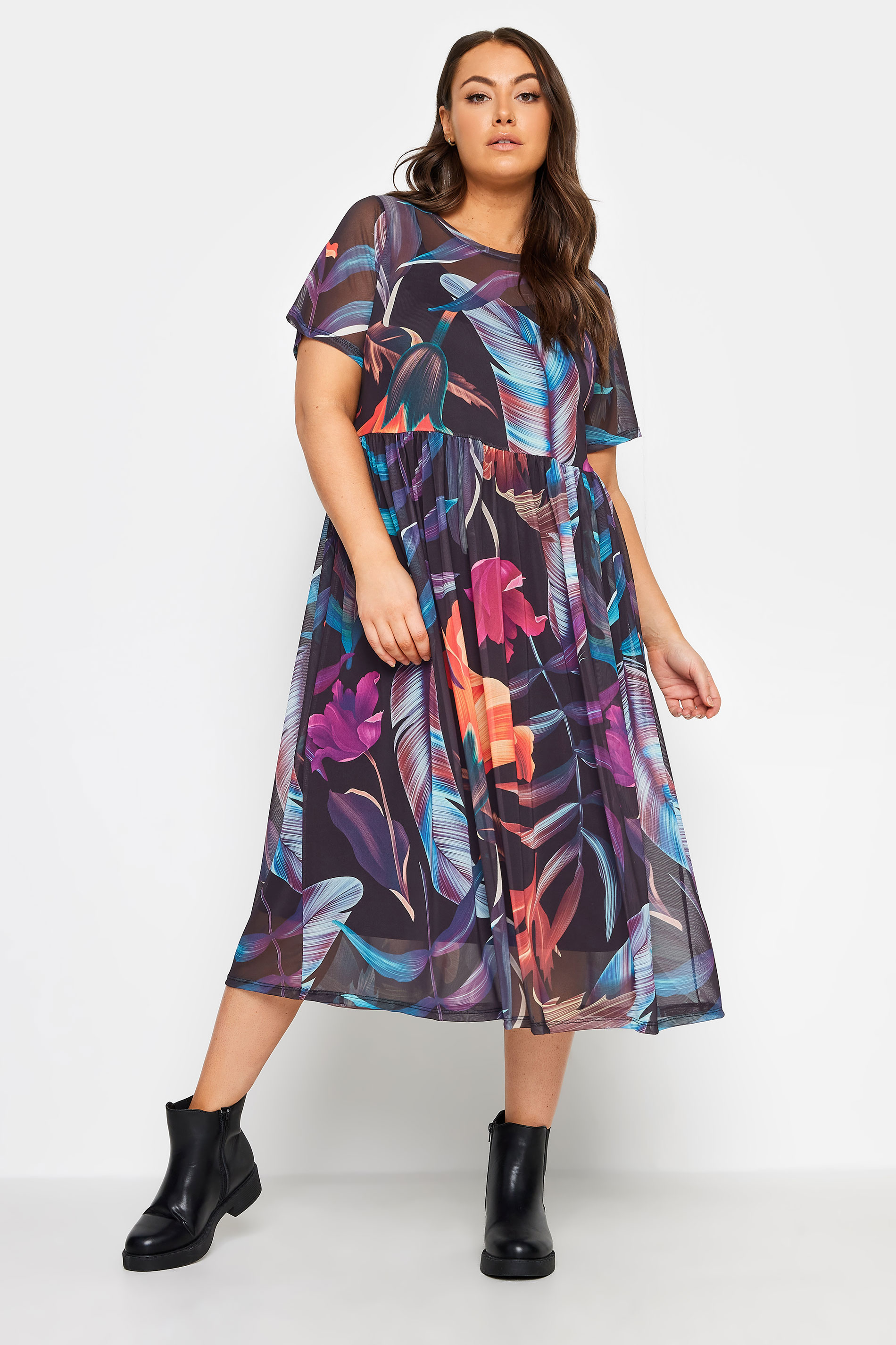 YOURS Plus Size Black Tropical Print Mesh Smock Dress | Yours Clothing 2