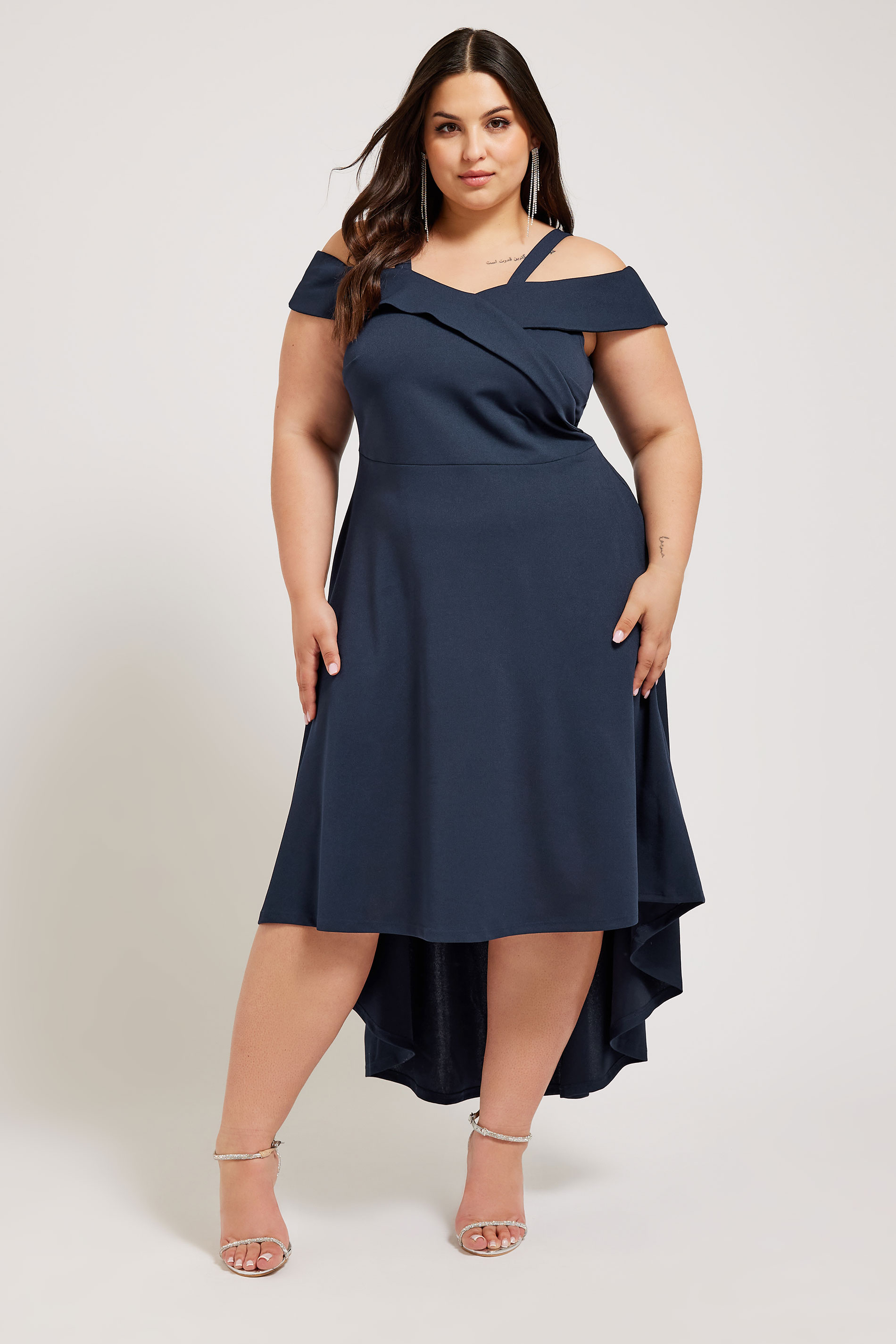 YOURS LONDON Plus Size Navy Blue Bardot Dipped Hem Dress | Yours Clothing 2