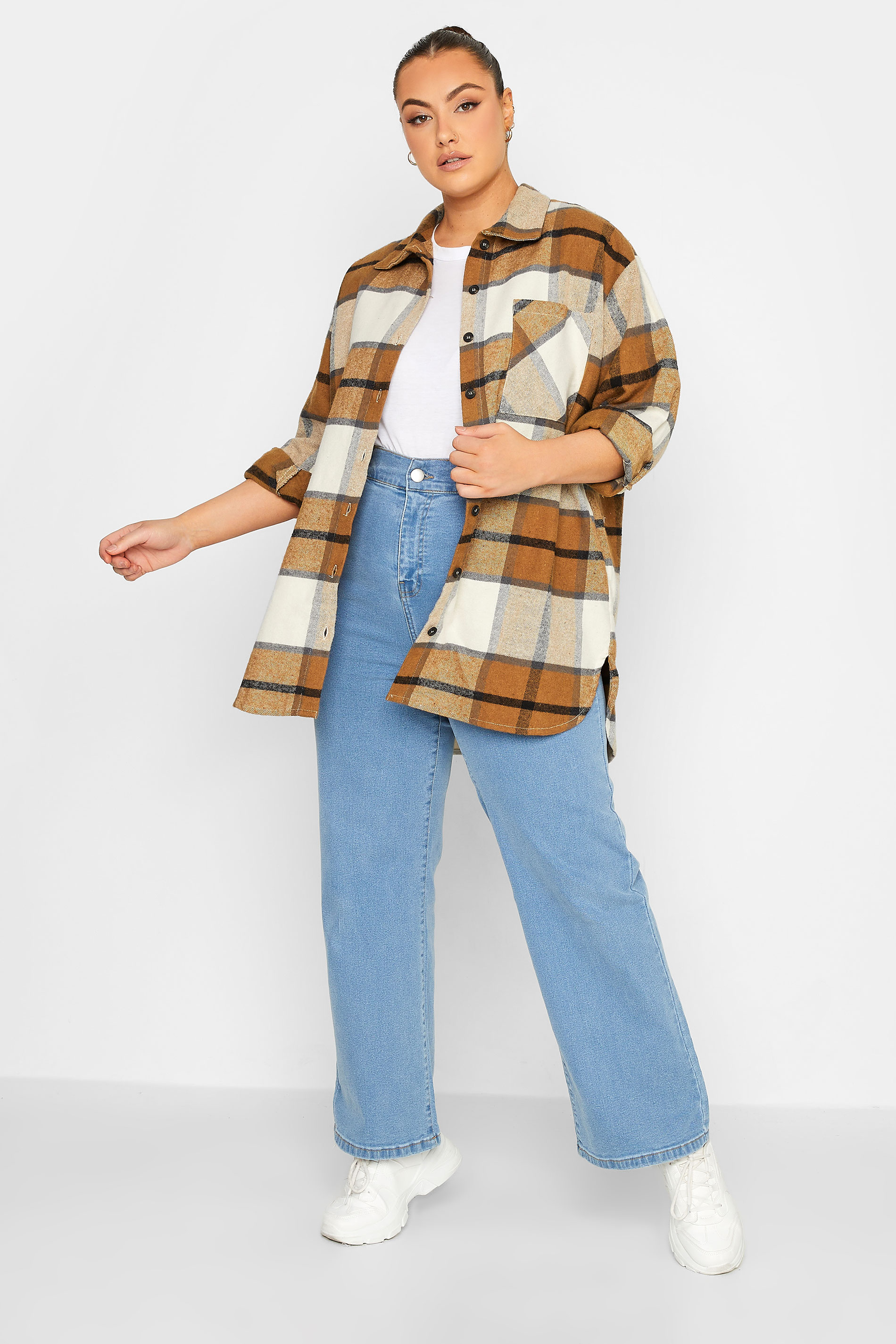 LIMITED COLLECTION Plus Size Beige Brown Check Print Shacket | Yours Clothing 2