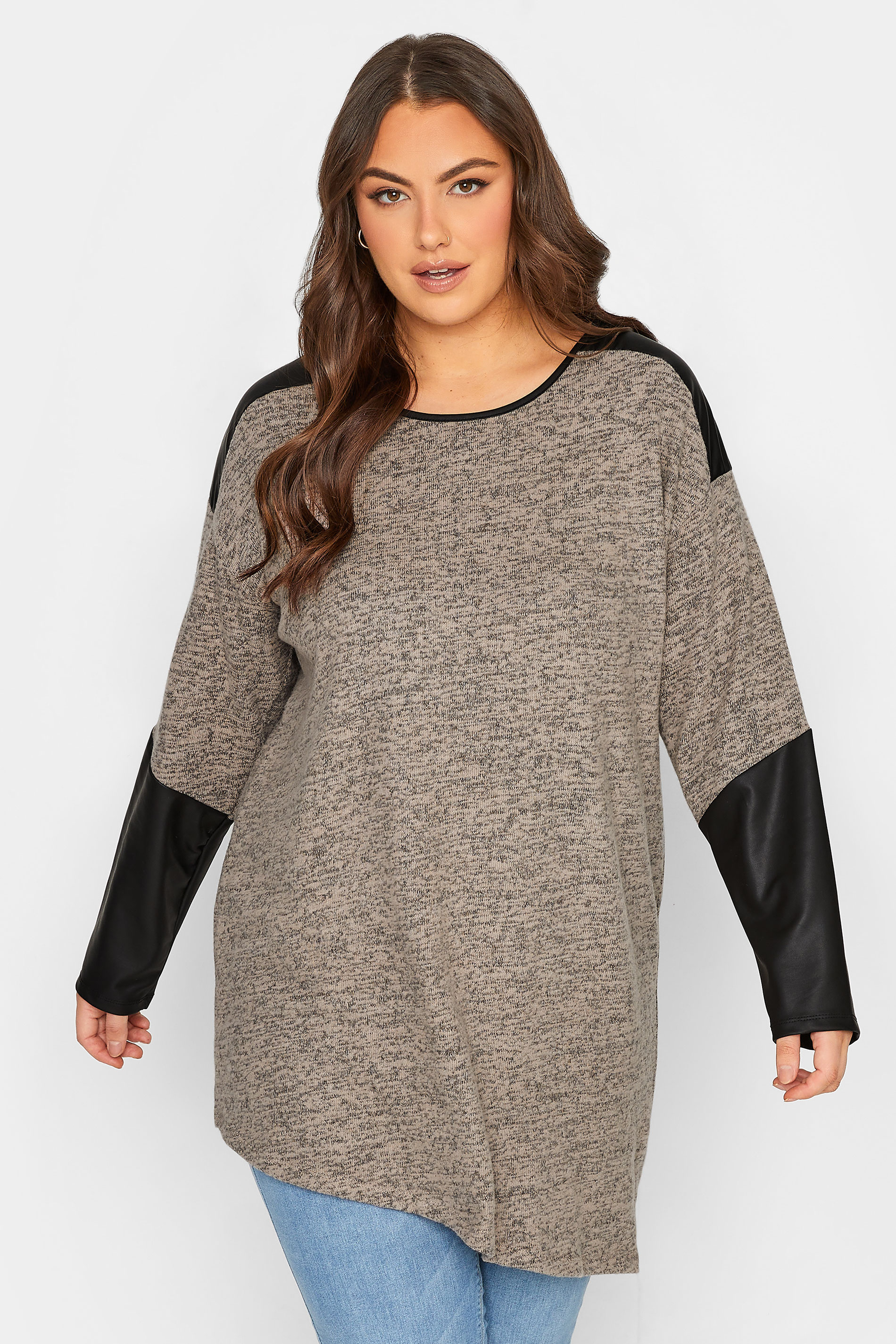 Curve Plus Size Charcoal Grey & Black Soft Touch Faux Leather Top | Yours Clothing 1