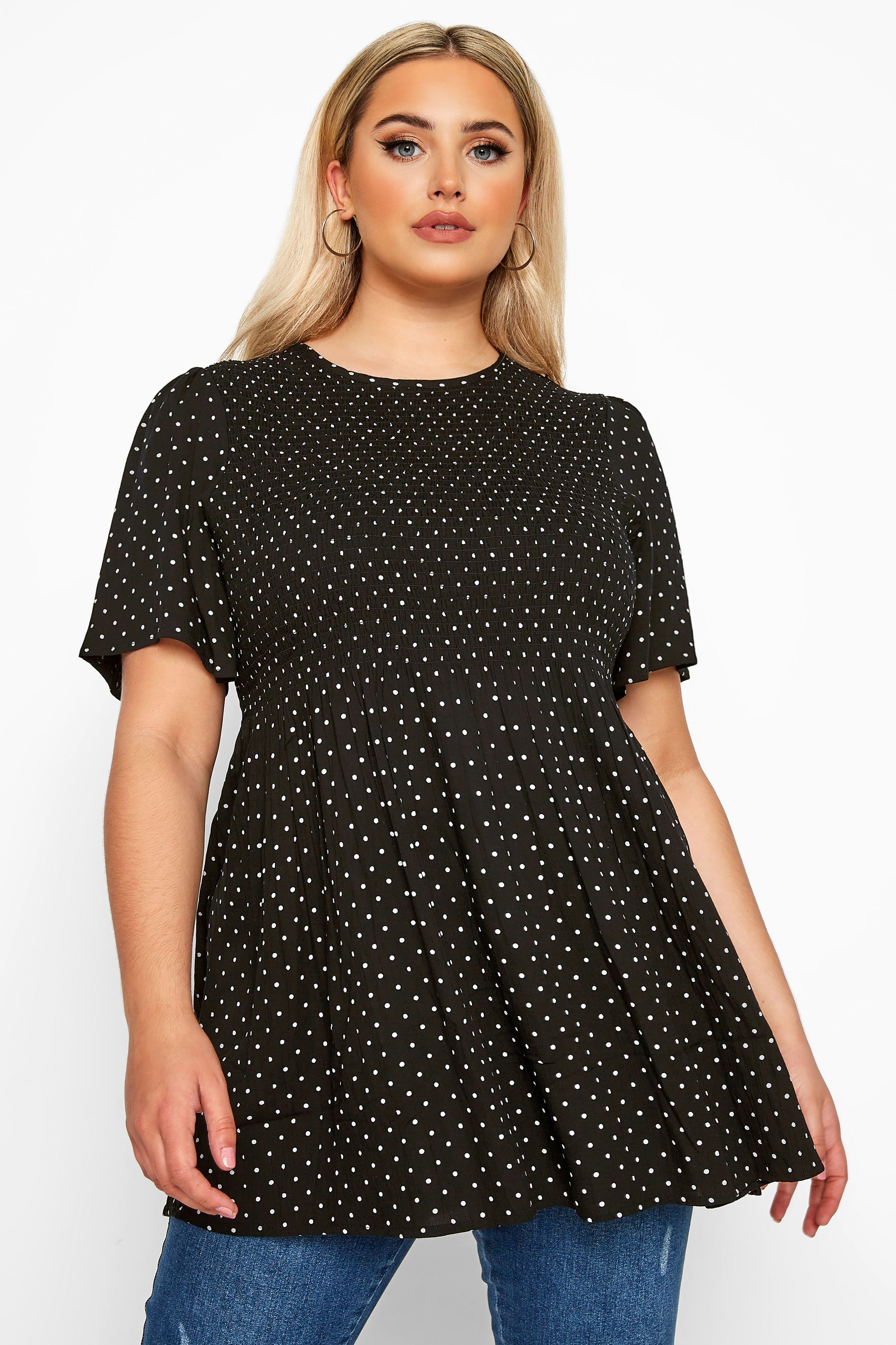 LIMITED COLLECTION Black Polka Dot Shirred Smock Top | Yours Clothing