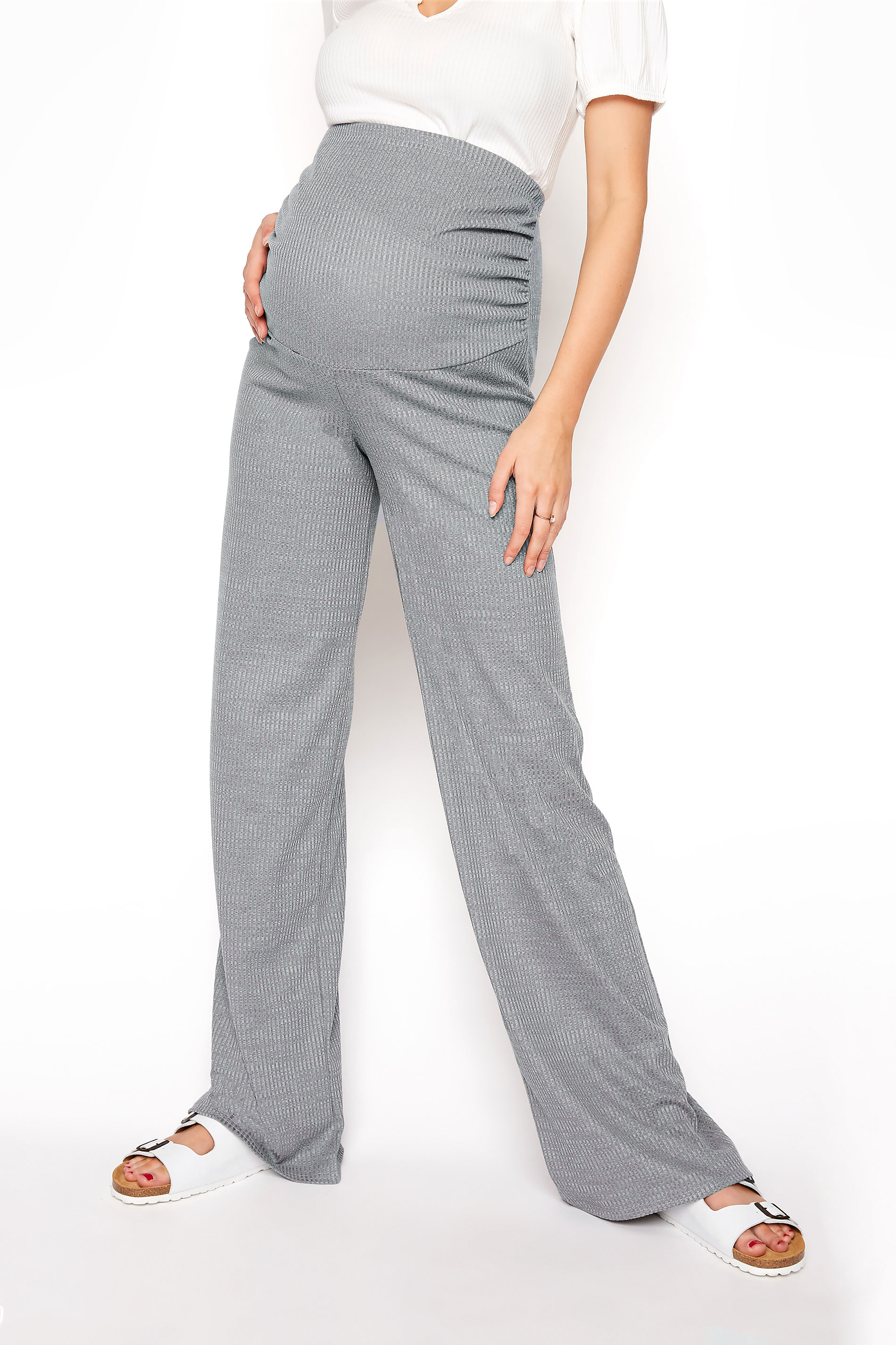 LTS Maternity Grey Ribbed Wide Leg Trousers | Long Tall Sally
