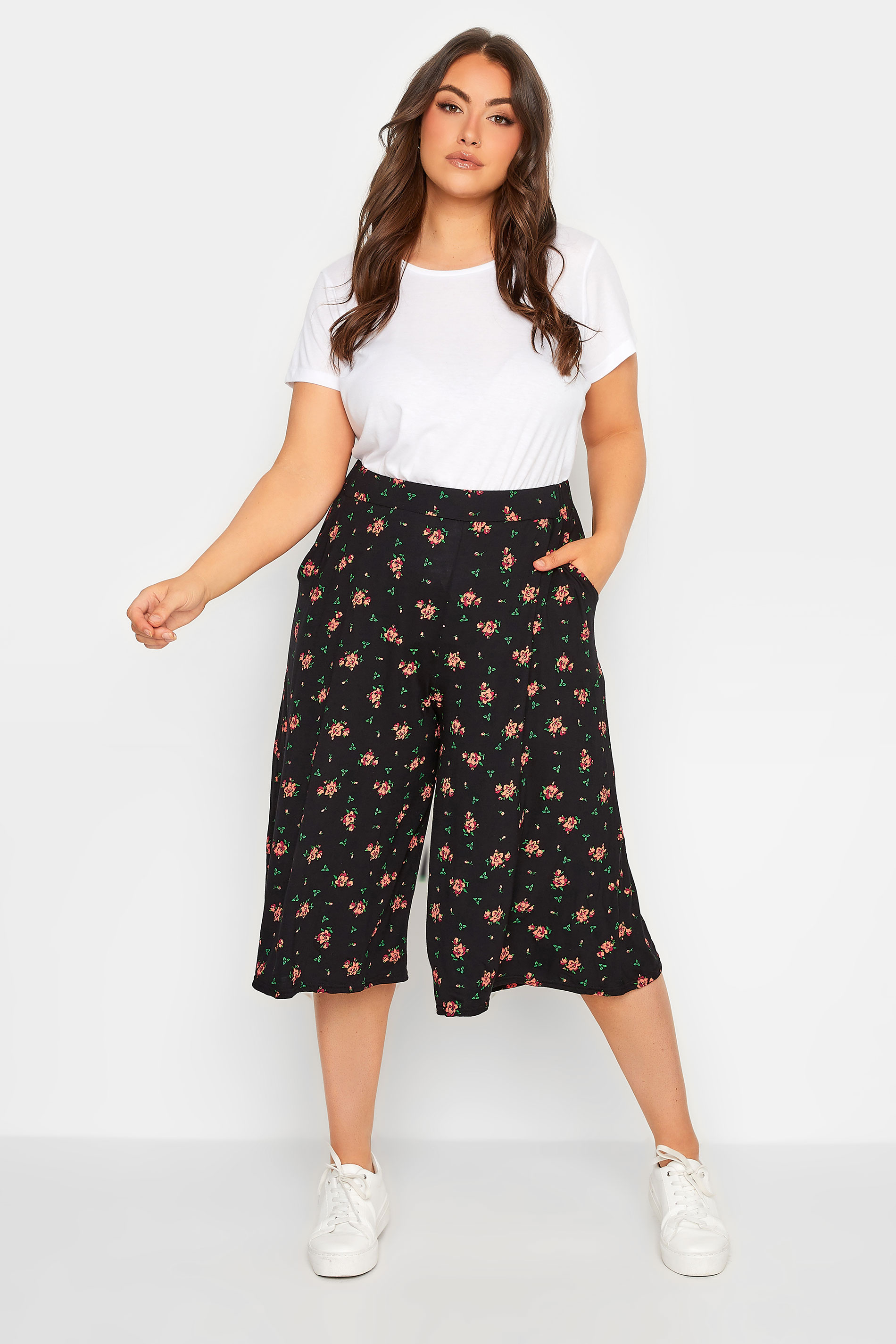 YOURS Plus Size Black Rose Print Stretch Jersey Culottes | Yours Clothing 2