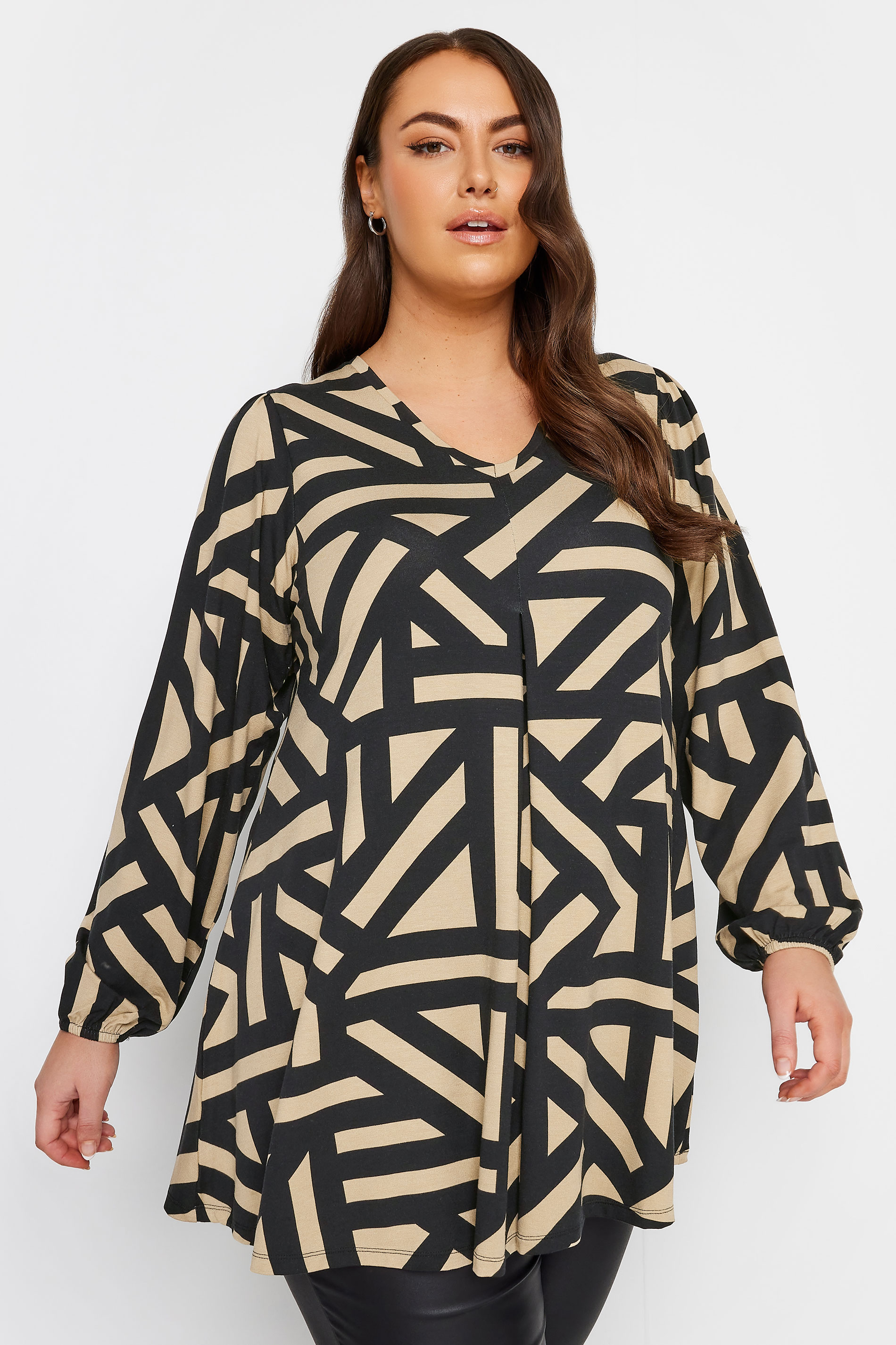 YOURS Curve Brown Geometric Print Balloon Sleeve Top | Yours Clothing 1