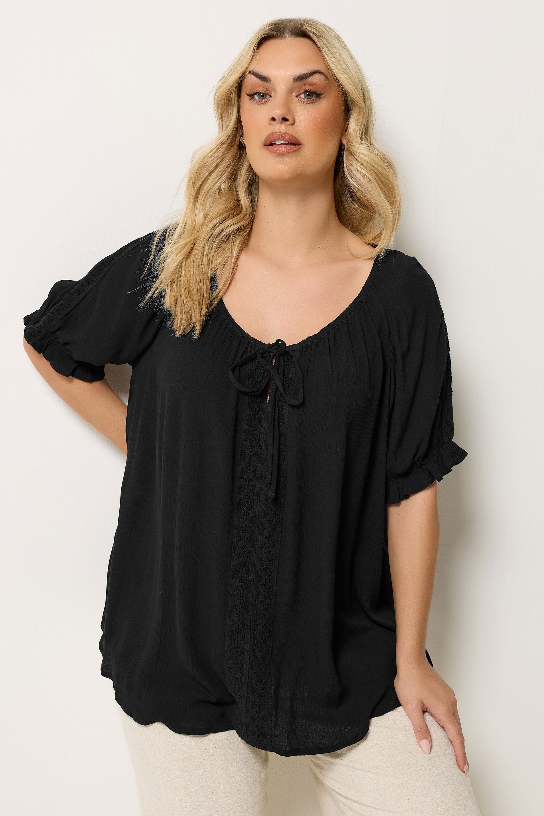 YOURS Plus Size Black Crochet Detail Top | Yours Clothing 3