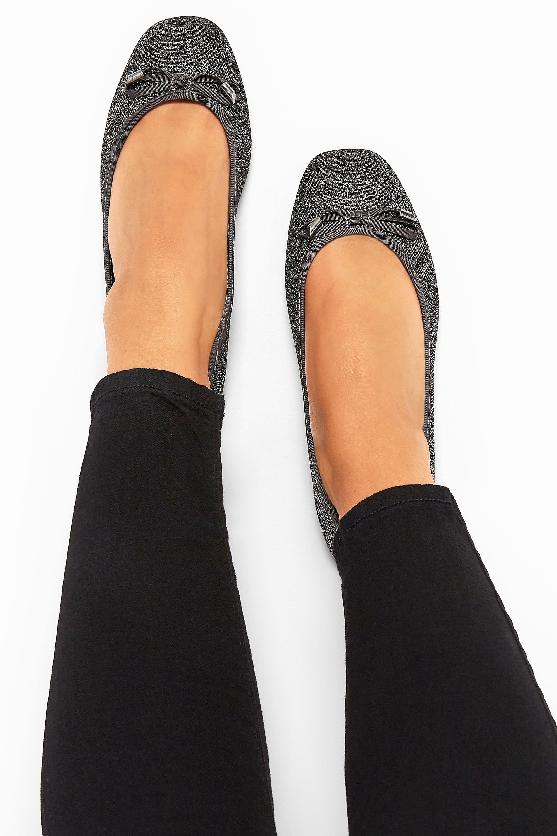 Grey Glitter Bow Ballerina Pumps In Extra Wide Fit | Yours Clothing 2