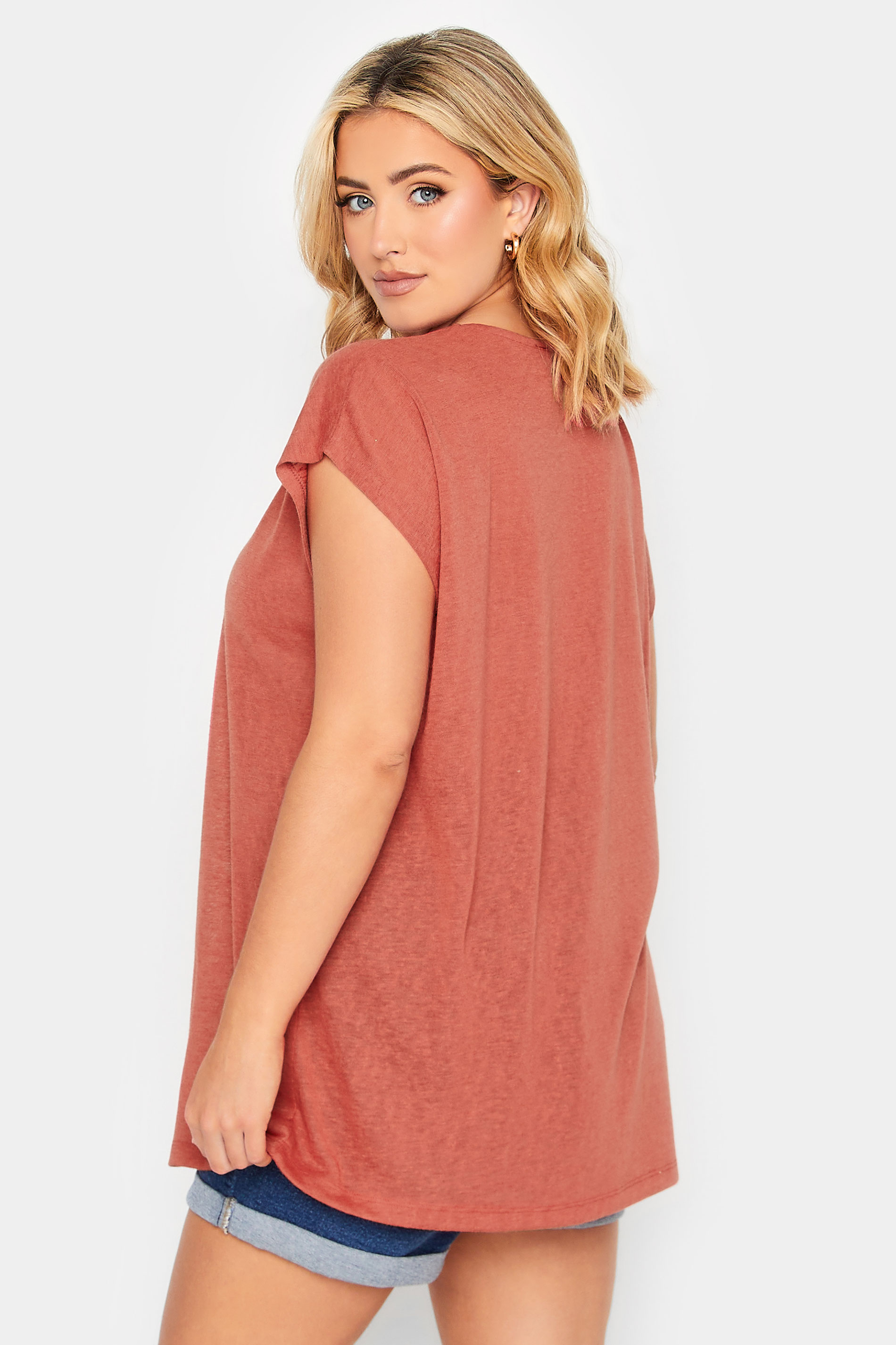 YOURS Curve Plus Size Rust Orange Linen Look T-Shirt | Yours Clothing 3