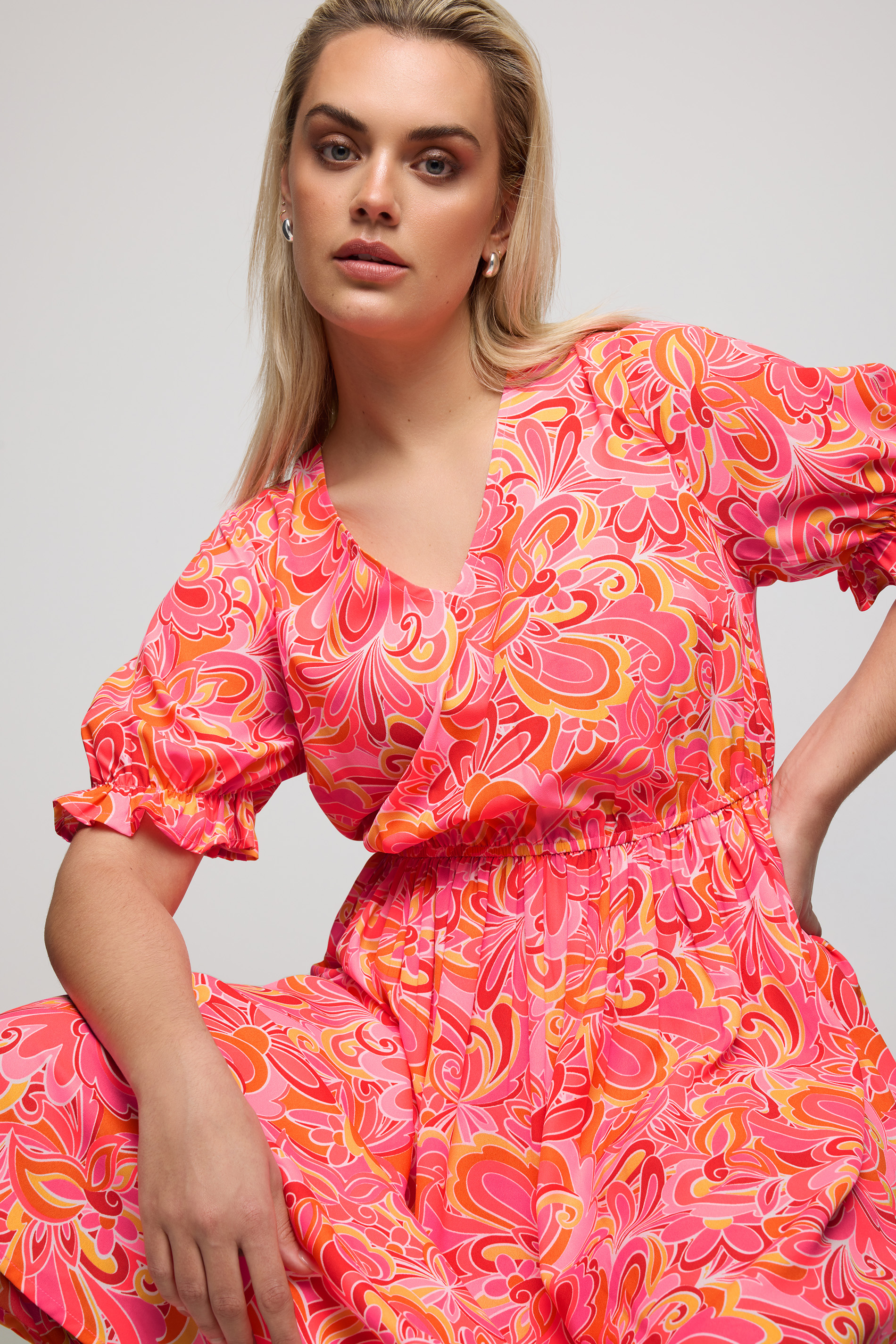 YOURS Plus Size Pink Abstract Print Midi Dress | Yours Clothing 1