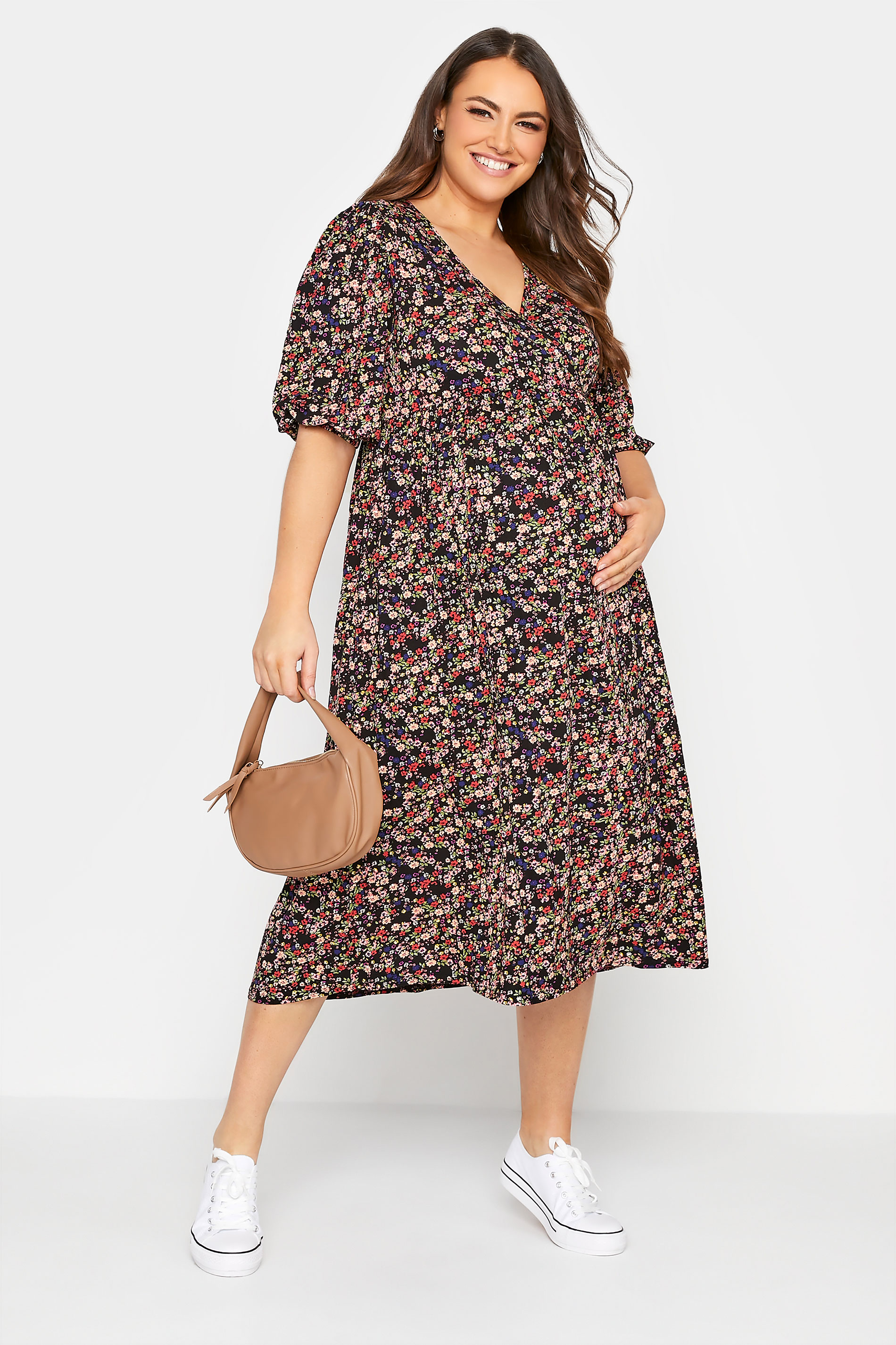 BUMP IT UP MATERNITY Plus Size Black Ditsy Wrap Dress | Yours Clothing 1