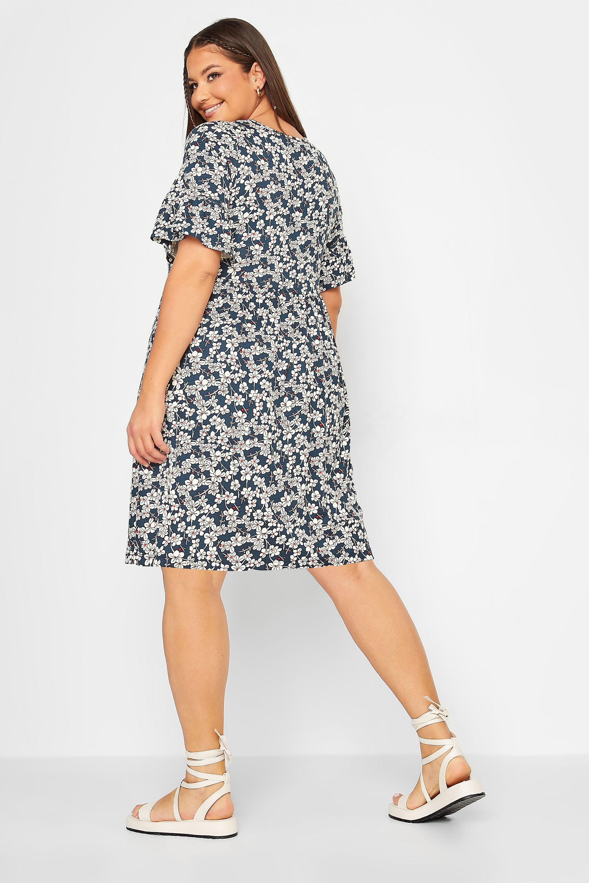 YOURS Curve Plus Size Navy Blue Ditsy Floral Print Smock Tunic Dress | Yours Clothing  3