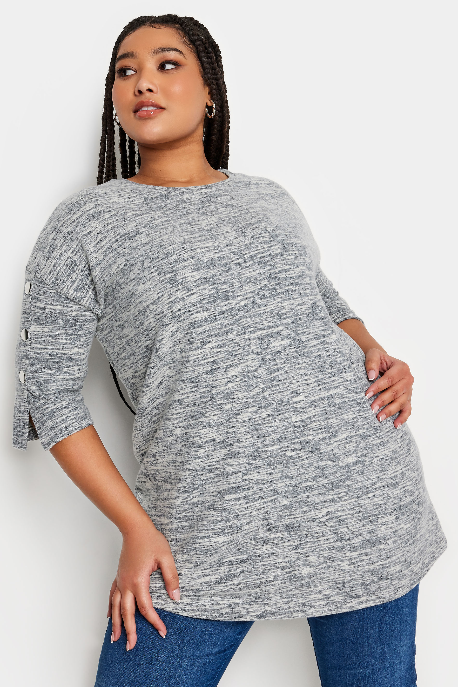 YOURS Plus Size Grey Marl Soft Touch Button Detail Top | Yours Clothing 1
