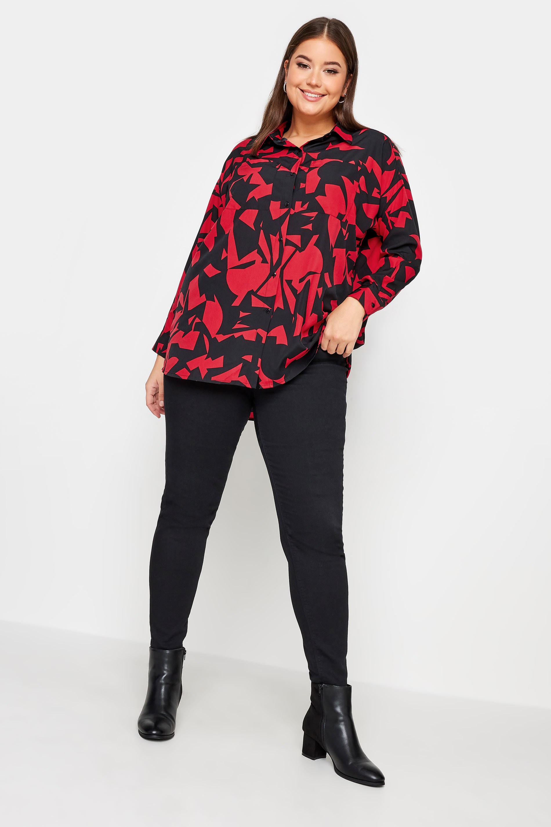 YOURS Plus Size Curve Red & Black Abstract Print Oversized Shirt | Yours Clothing  2