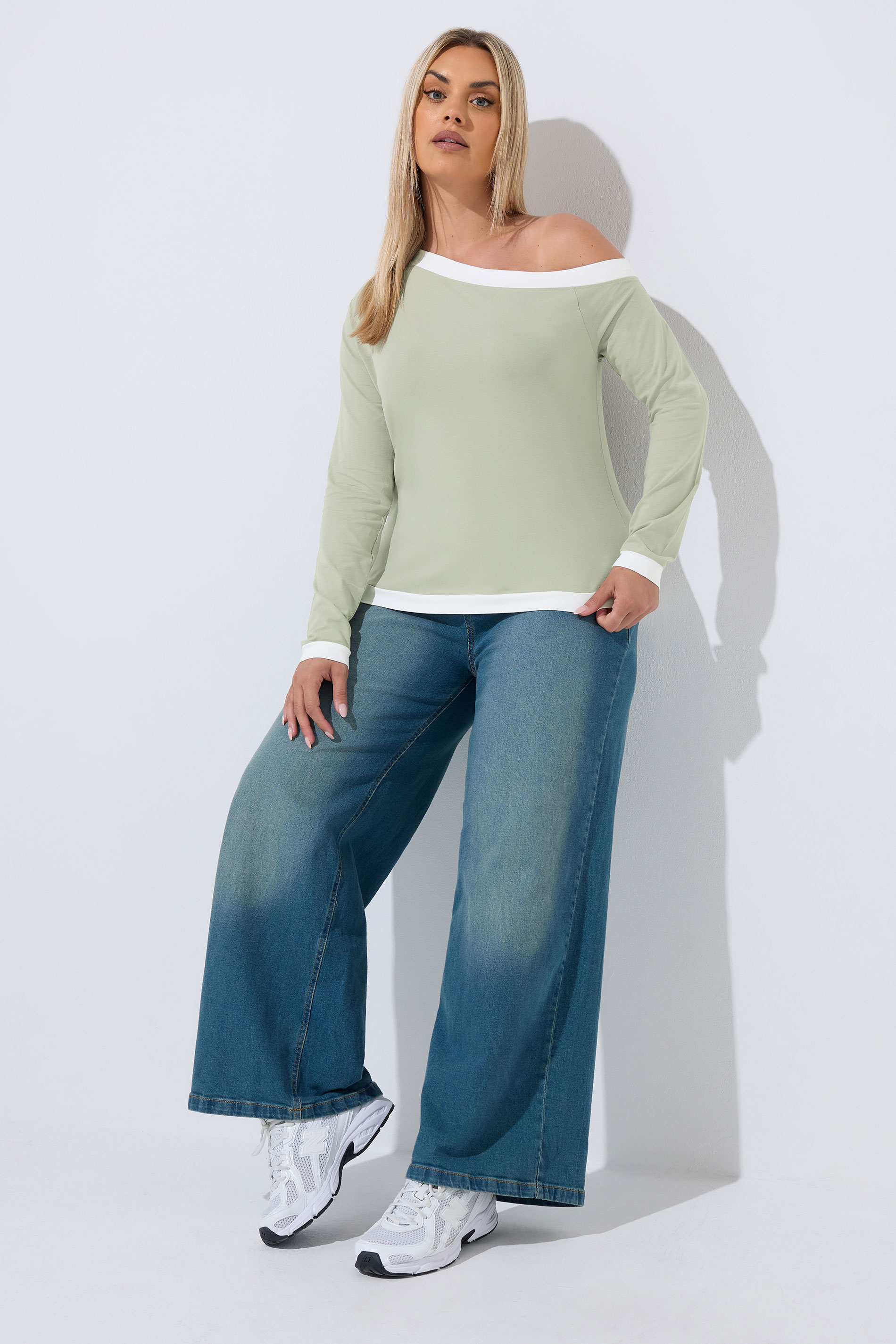 LIMITED COLLECTION Plus Size Sage Green Contrast Off Shoulder Top | Yours Clothing 1