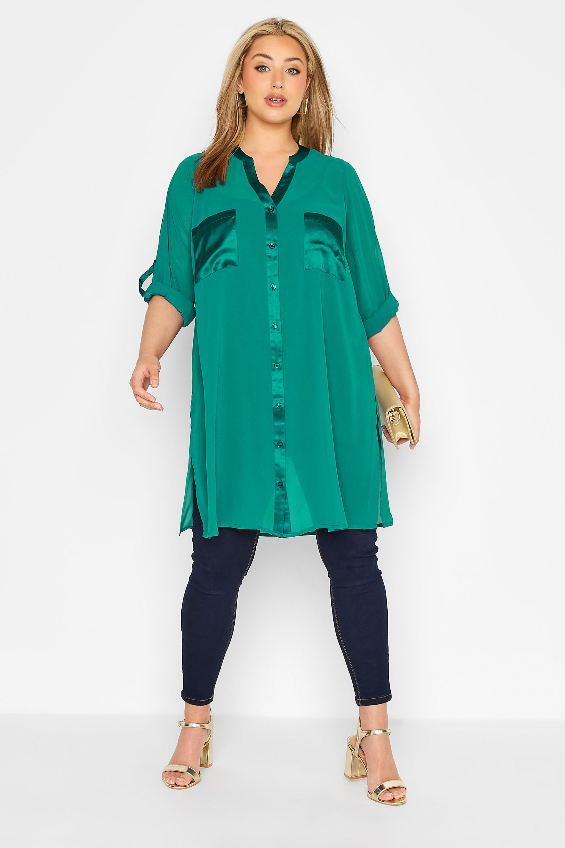 YOURS LONDON Plus Size Green Satin Pocket Shirt | Yours Clothing 2