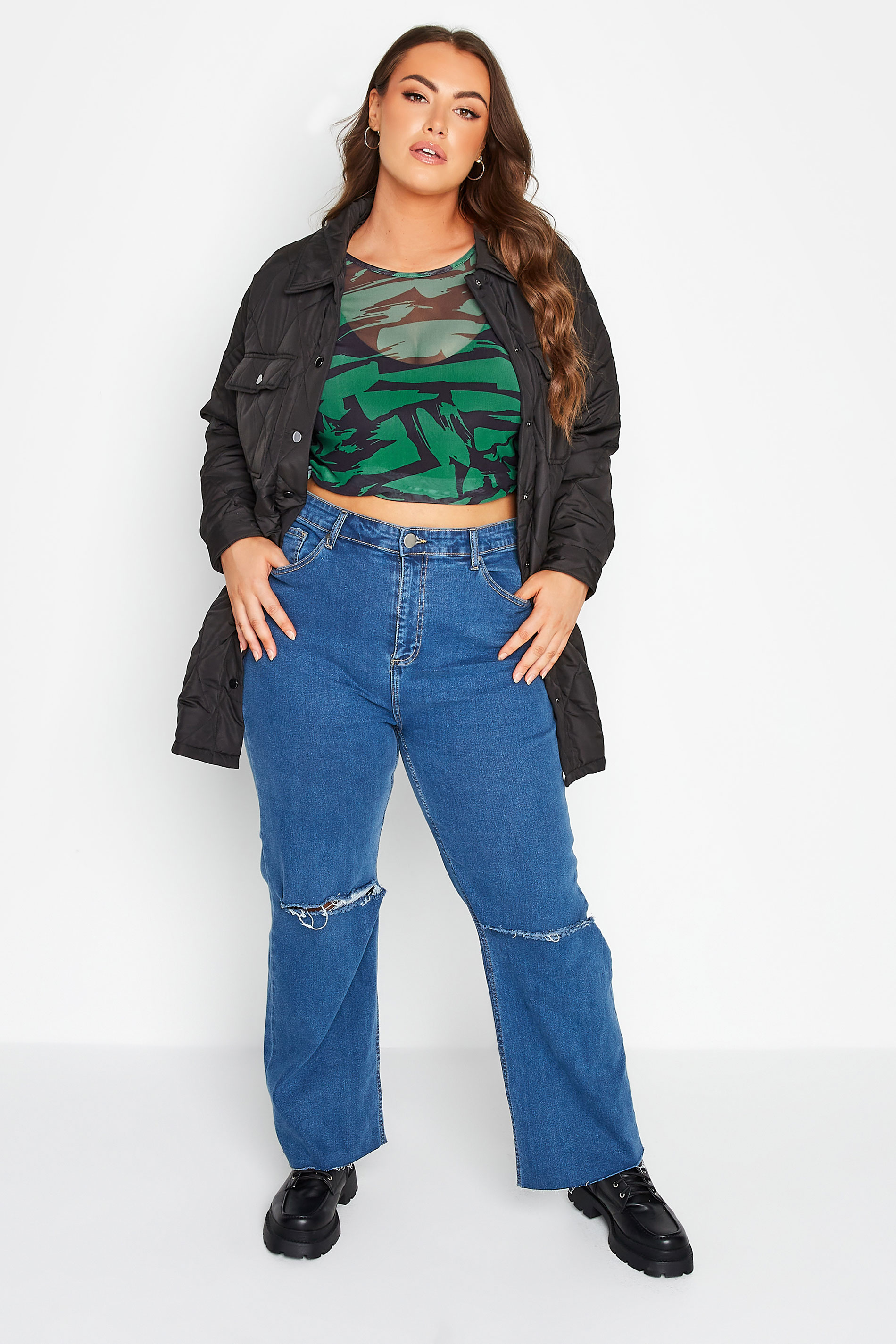 Plus Size Green Abstract Print Long Sleeve Mesh Top | Yours Clothing 2