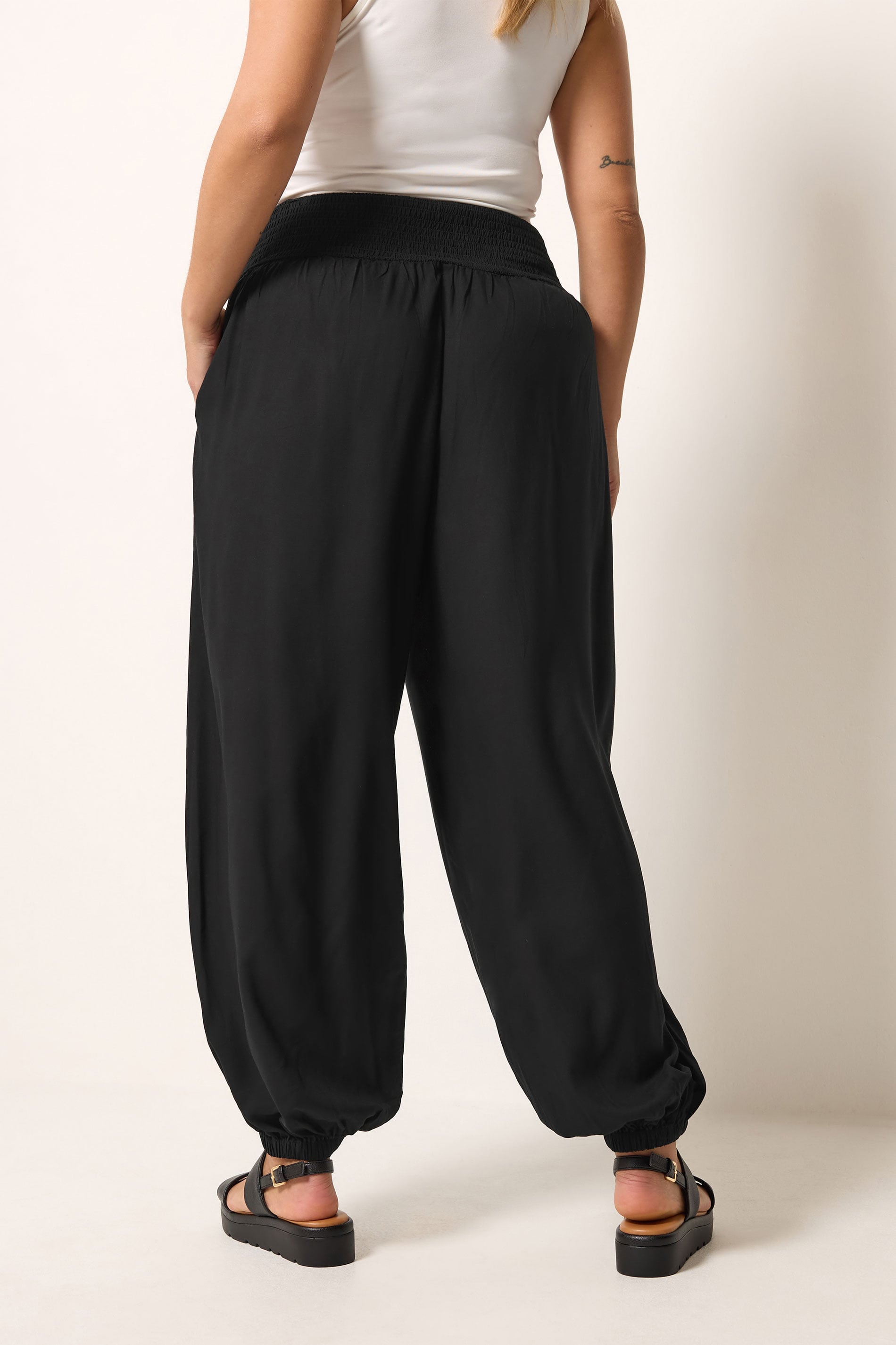 YOURS Plus Size Black Balloon Shirred Waist Trousers | Yours Clothing 2