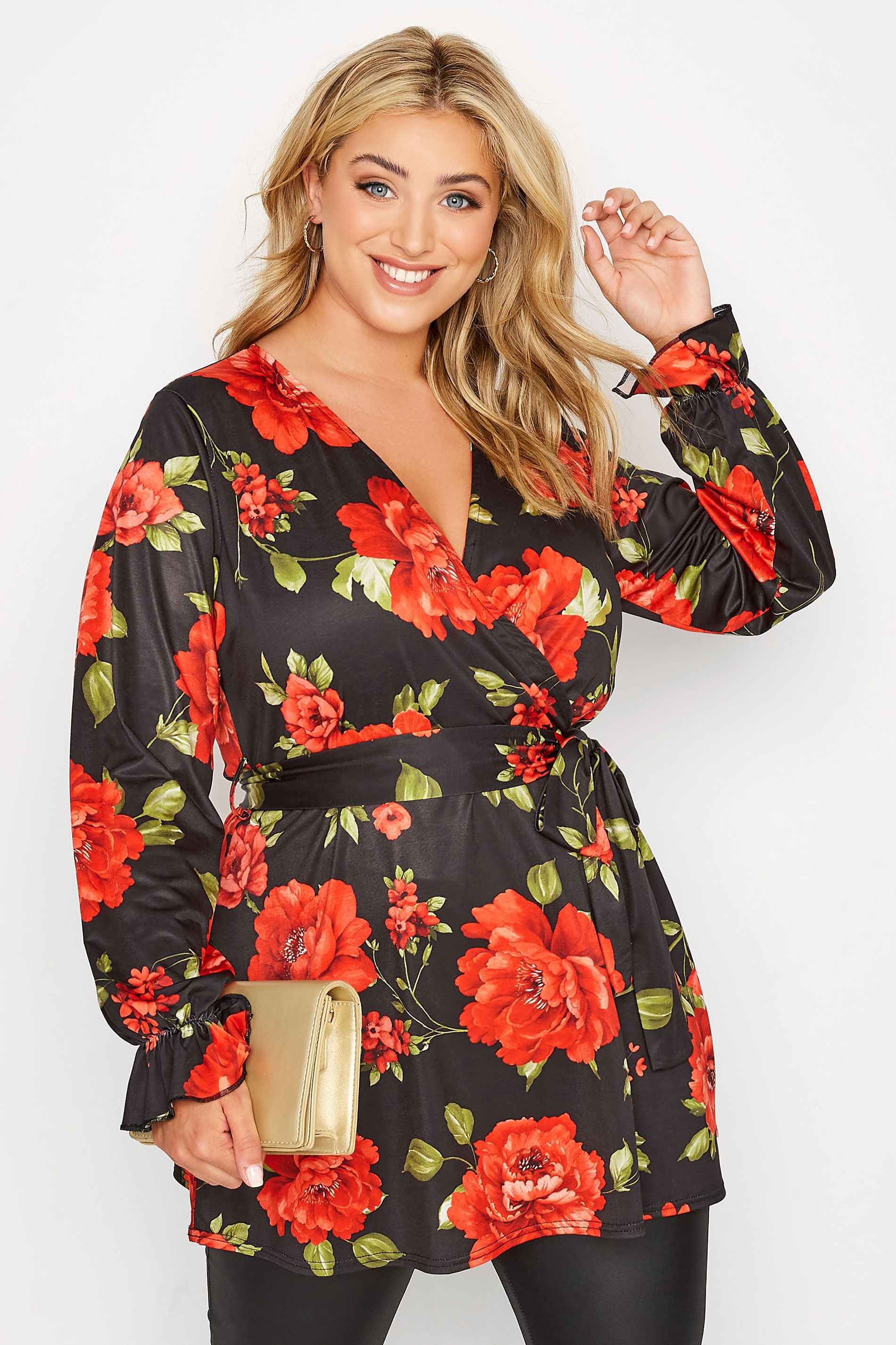 YOURS LONDON Plus Size Black & Red Floral Wrap Top | Yours Clothing 1