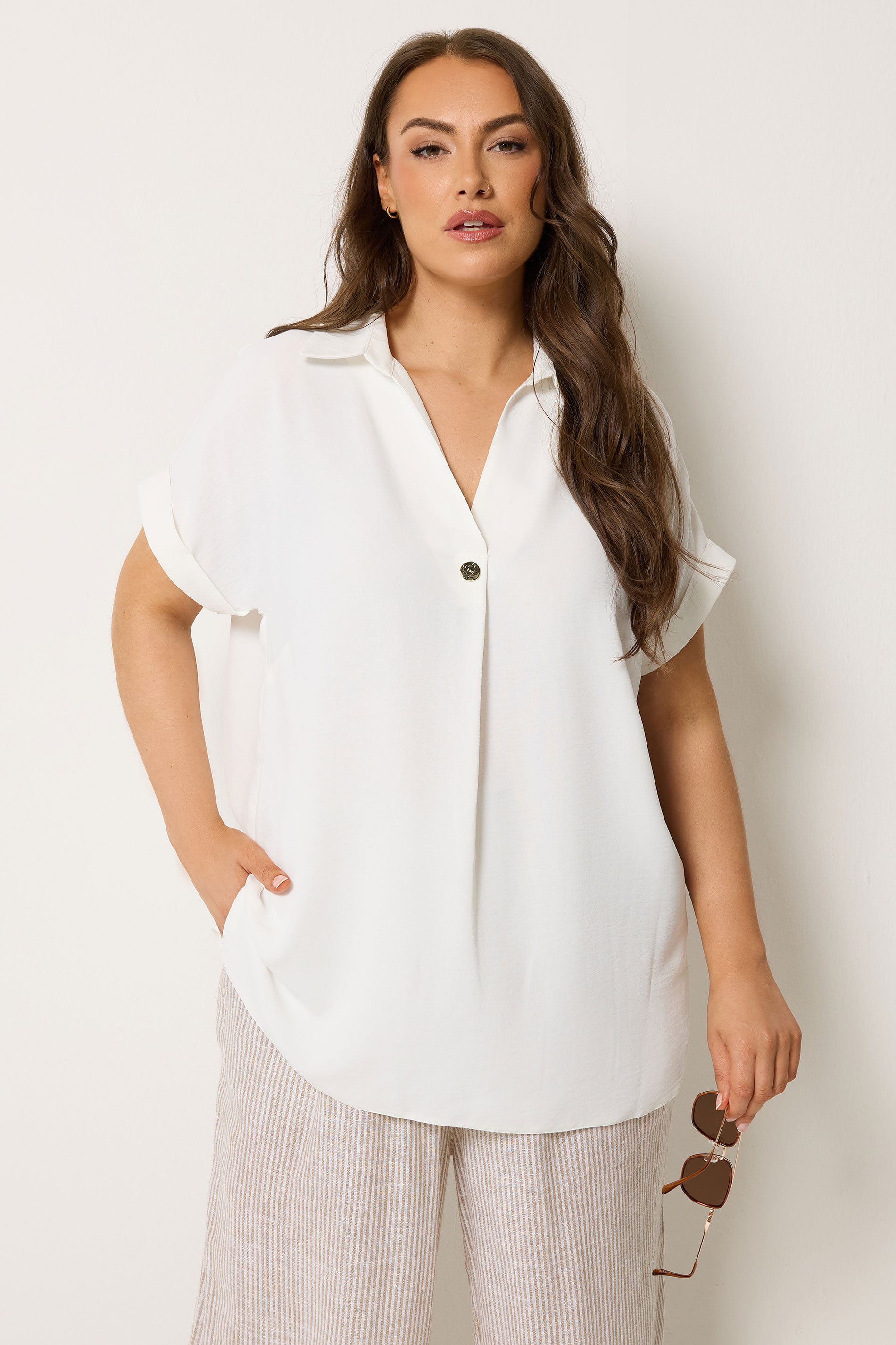 YOURS Plus Size White Button Half Placket Blouse | Yours Clothing 3