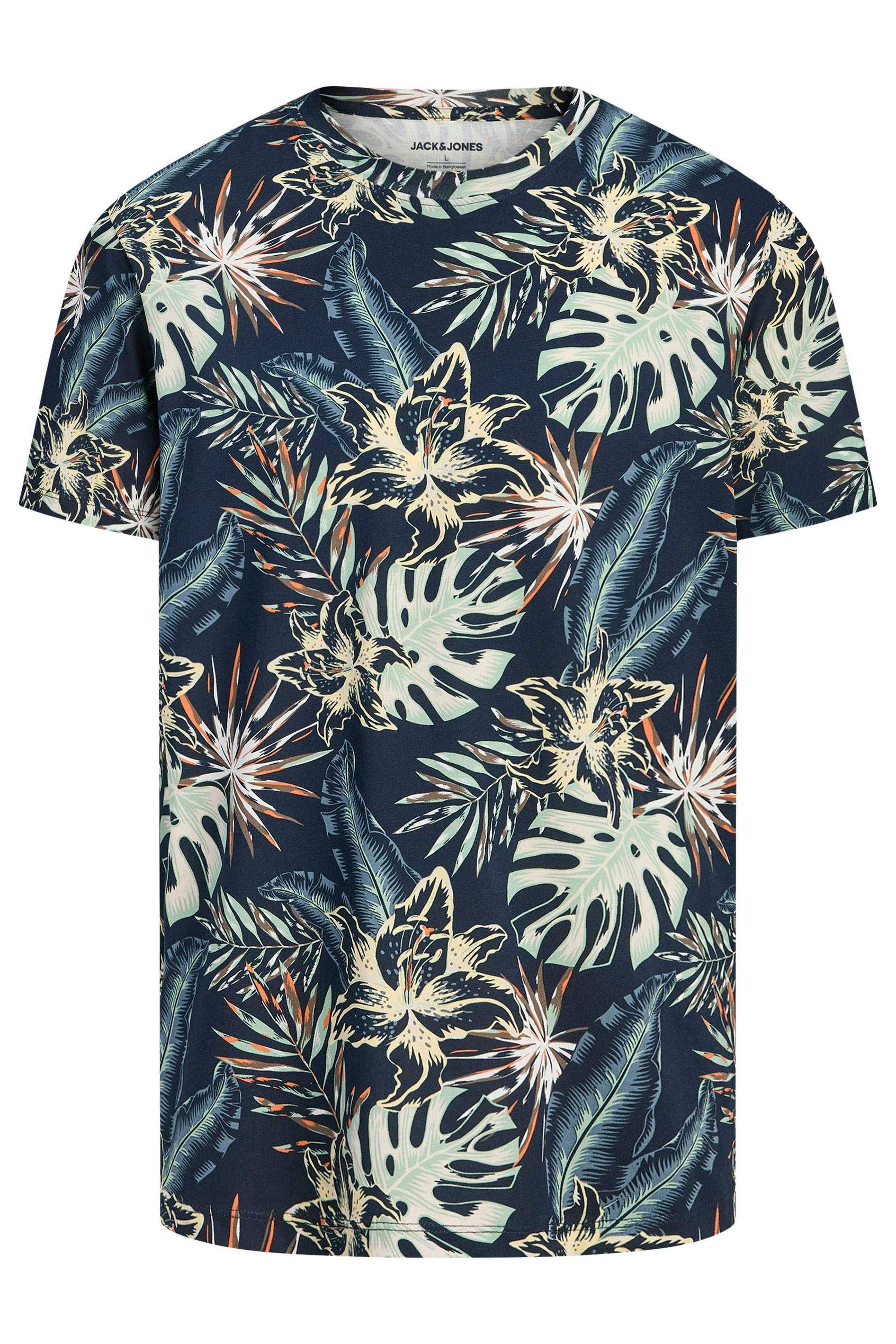 JACK & JONES Big & Tall Navy Blue Leaf Printed T-Shirt | BadRhino 2