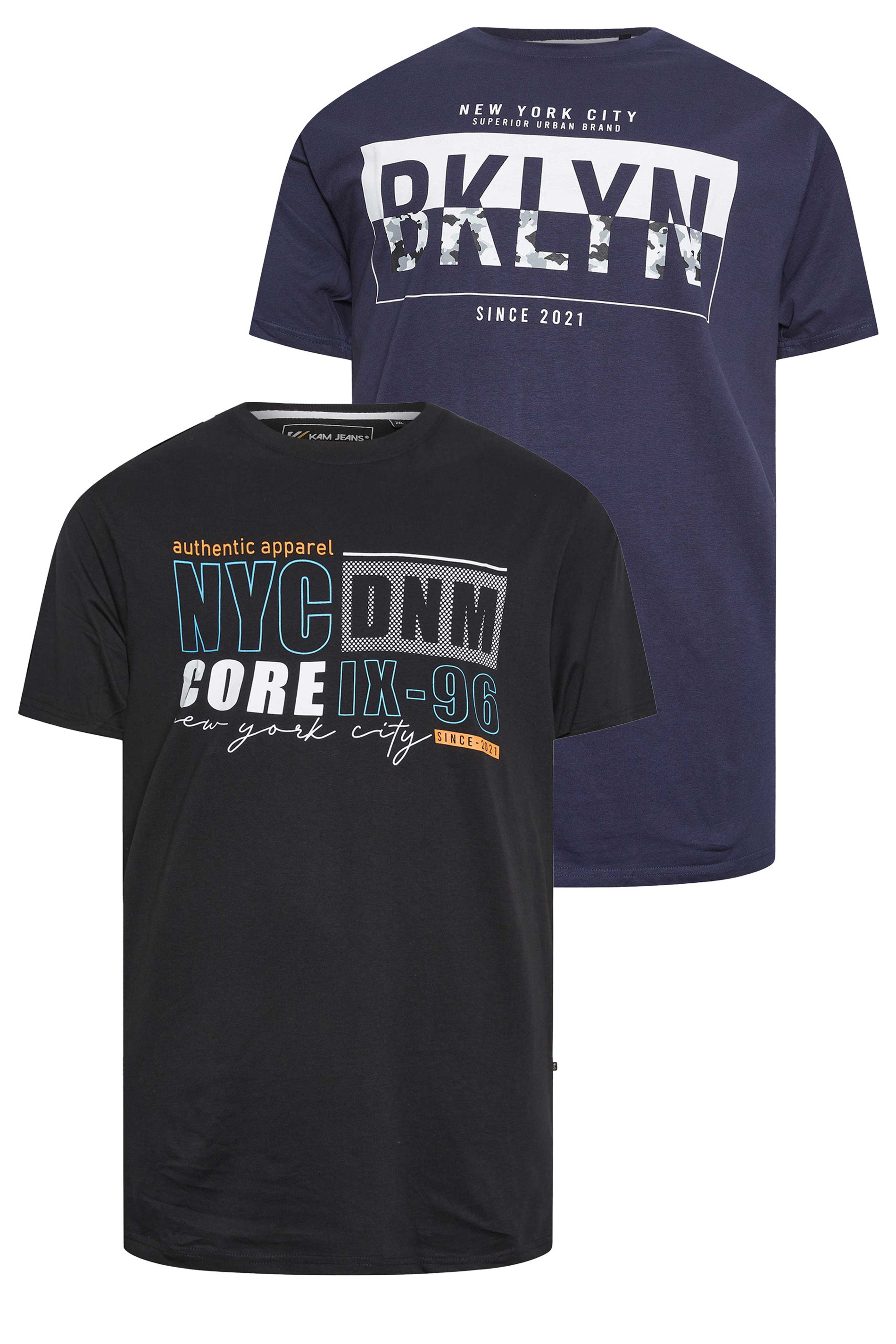 KAM Big & Tall Blue & Black 2 Pack Slogan Printed T-Shirts 1