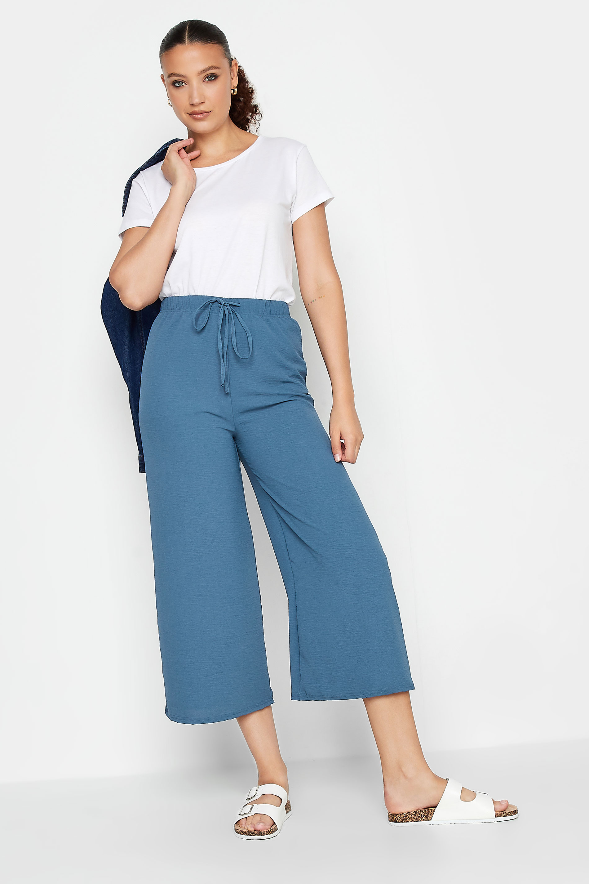 LTS Tall Blue Crepe Wide Leg Cropped Trousers | Long Tall Sally 2