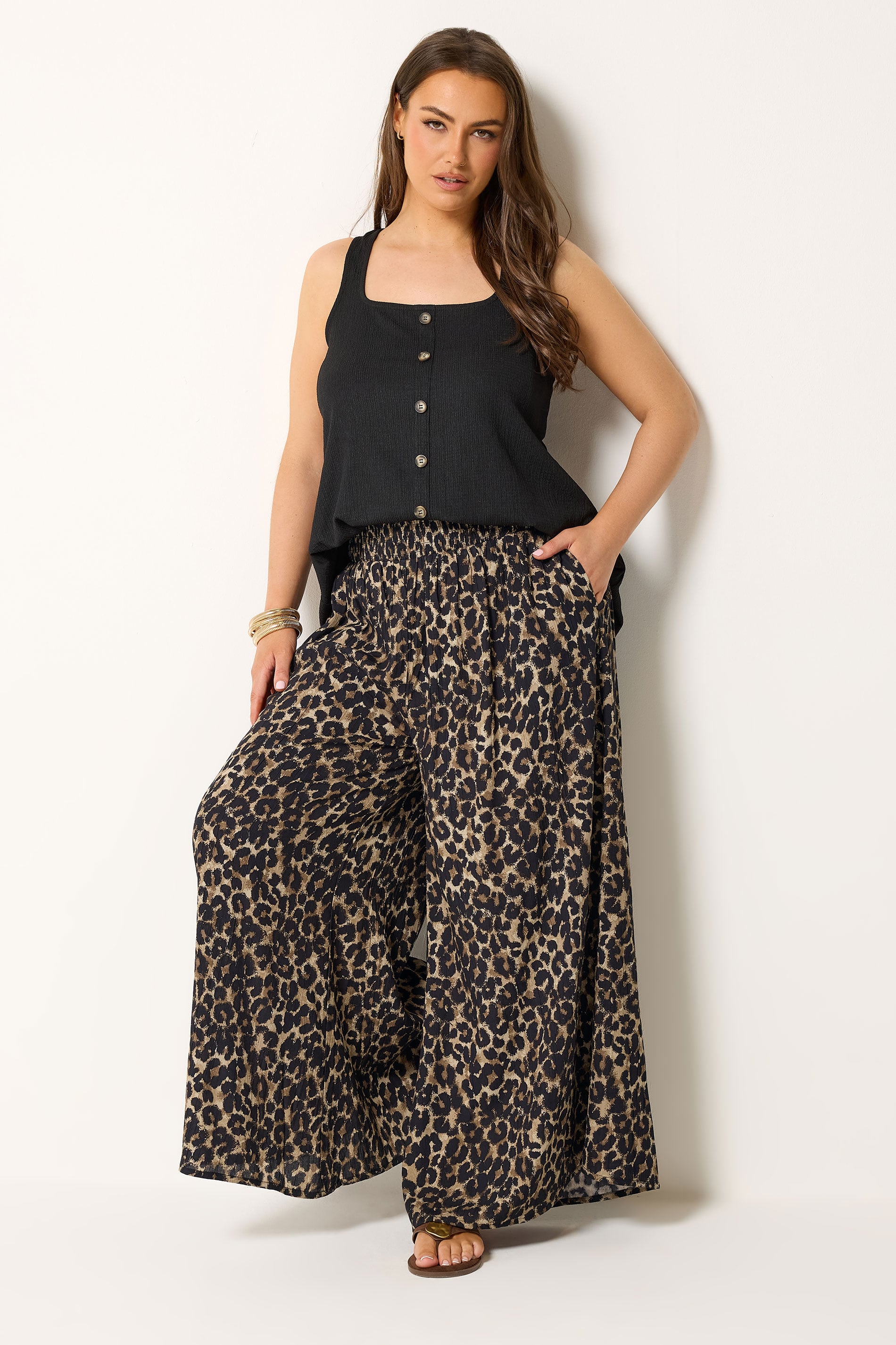 YOURS Plus Size Chocolate Brown Leopard Wide Leg Trousers | Yours Clothing 1