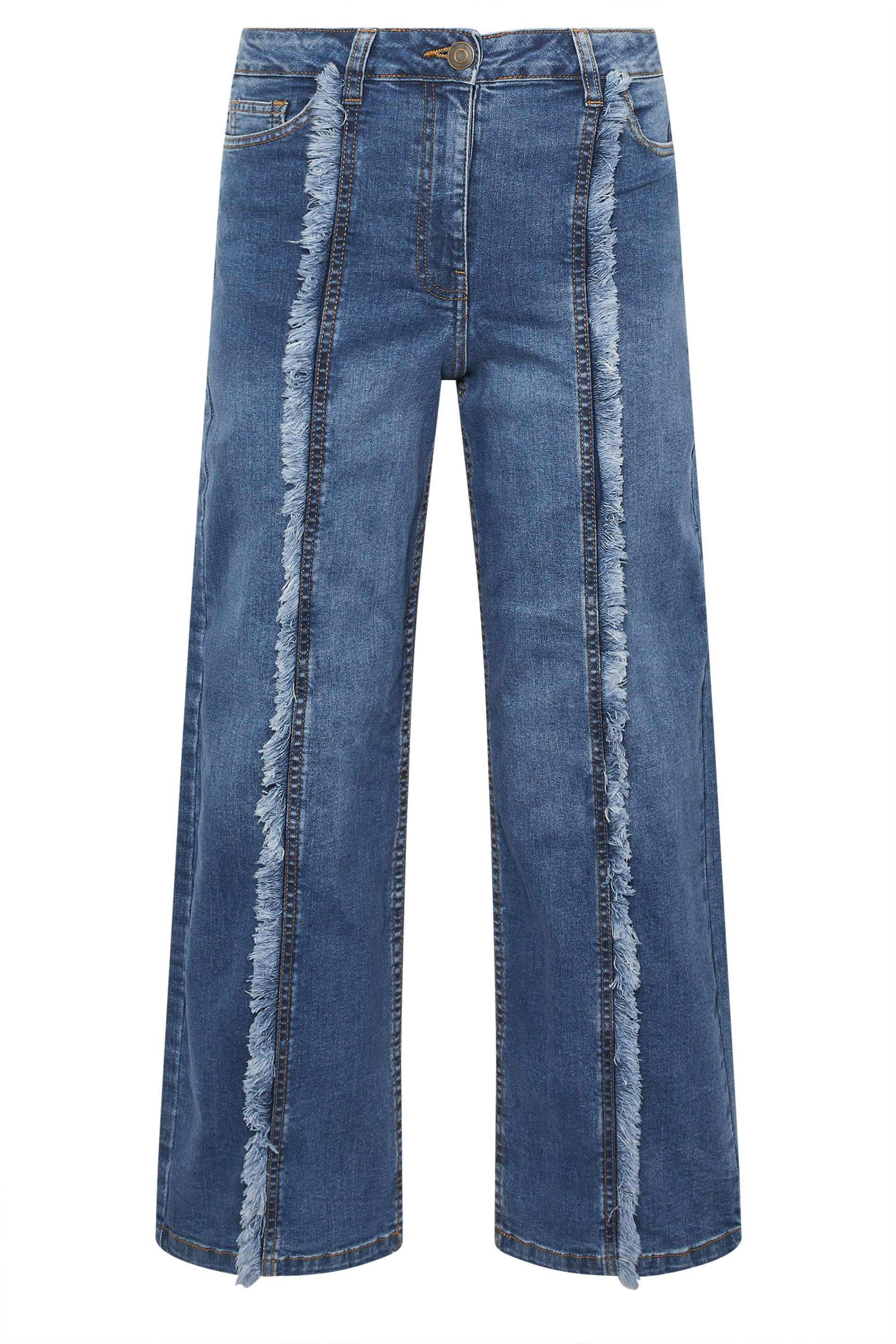 PixieGirl Petite Women's Mid Blue Frayed Seam Wide Leg Jeans | PixieGirl 6