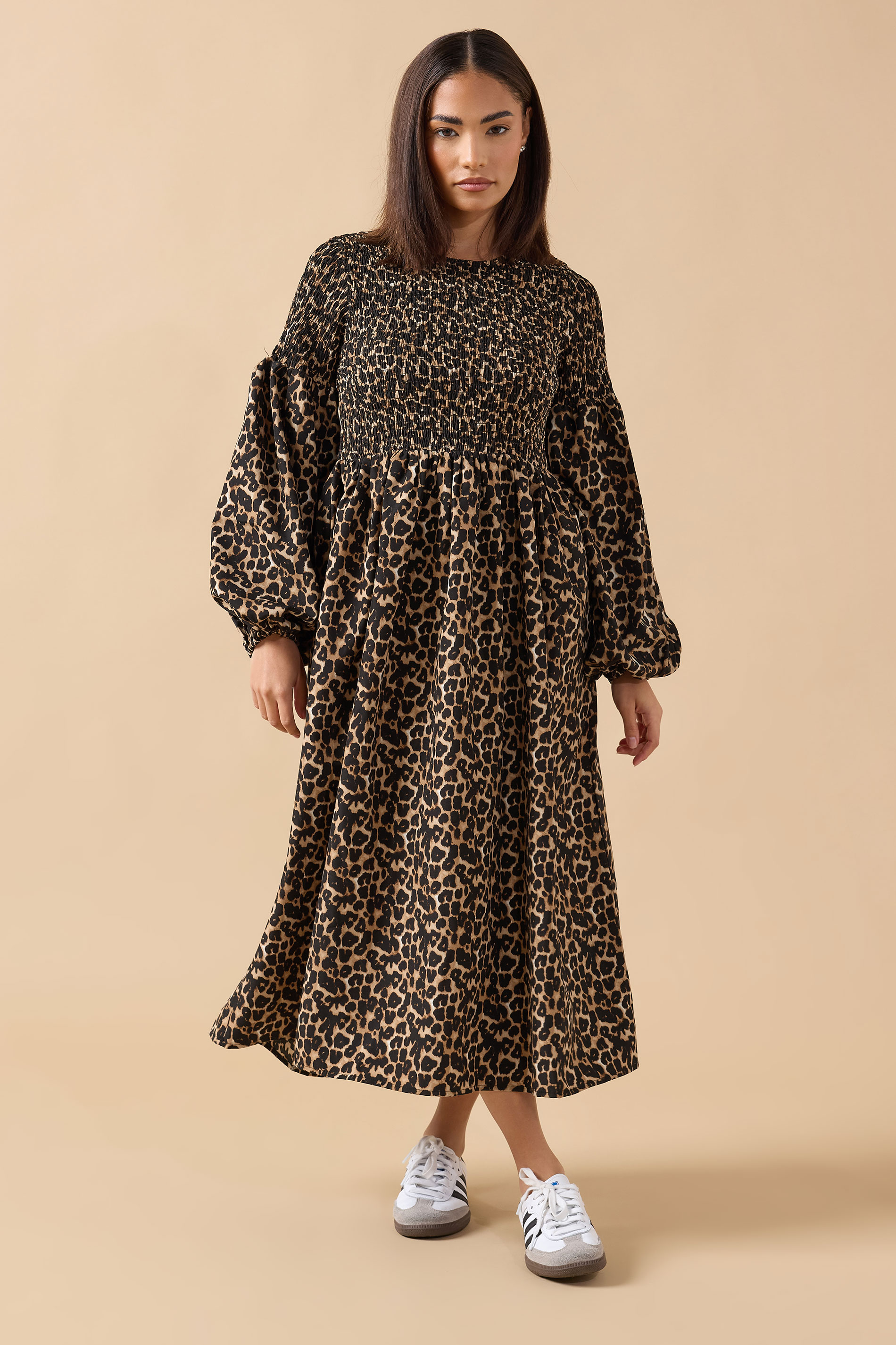 PixieGirl Petite Women's Brown Animal Shirred Puff Sleeve Maxi Dress | PixieGirl 1