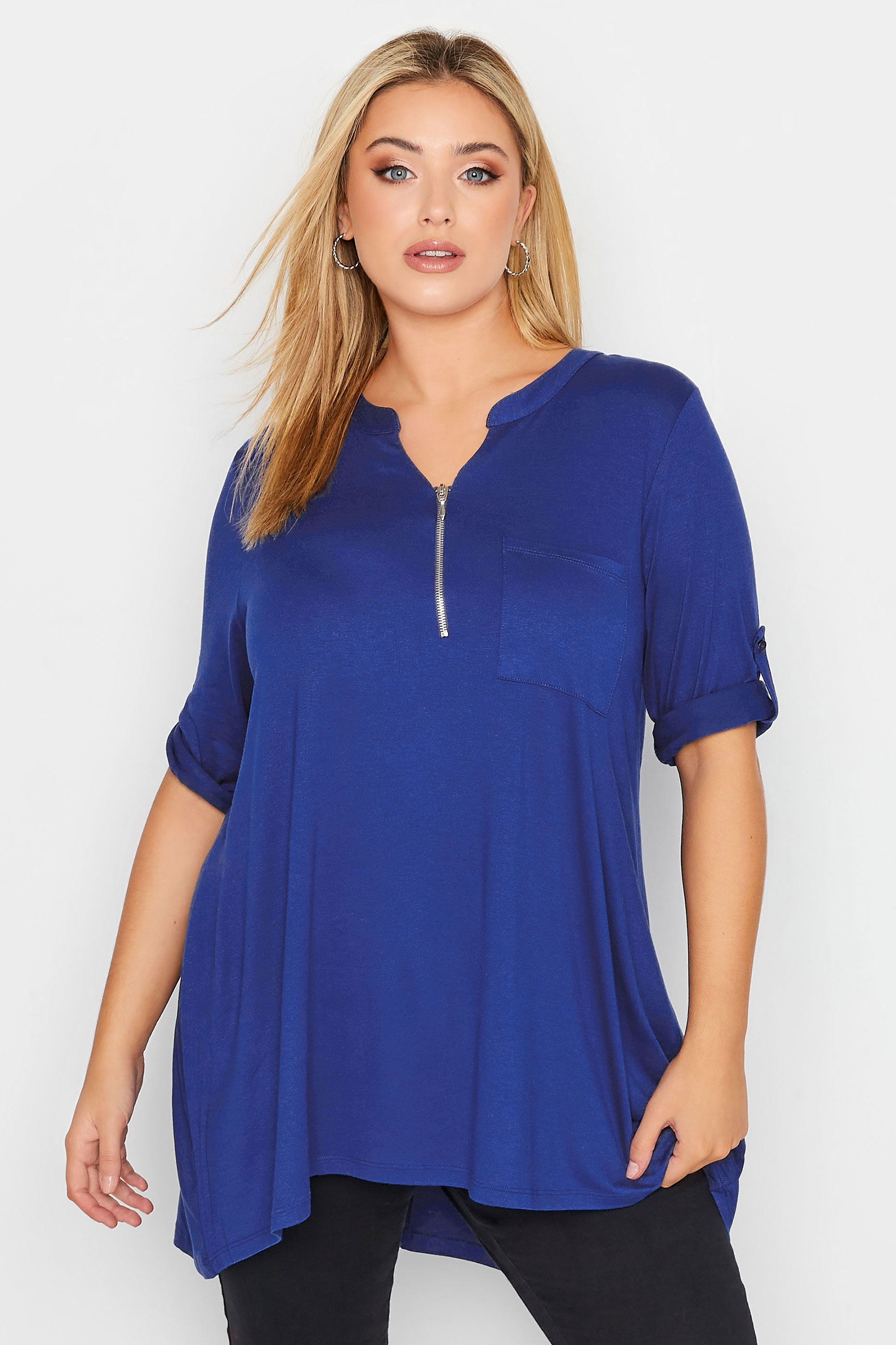 Plus Size Cobalt Blue Zip Front Top | Yours Clothing 1