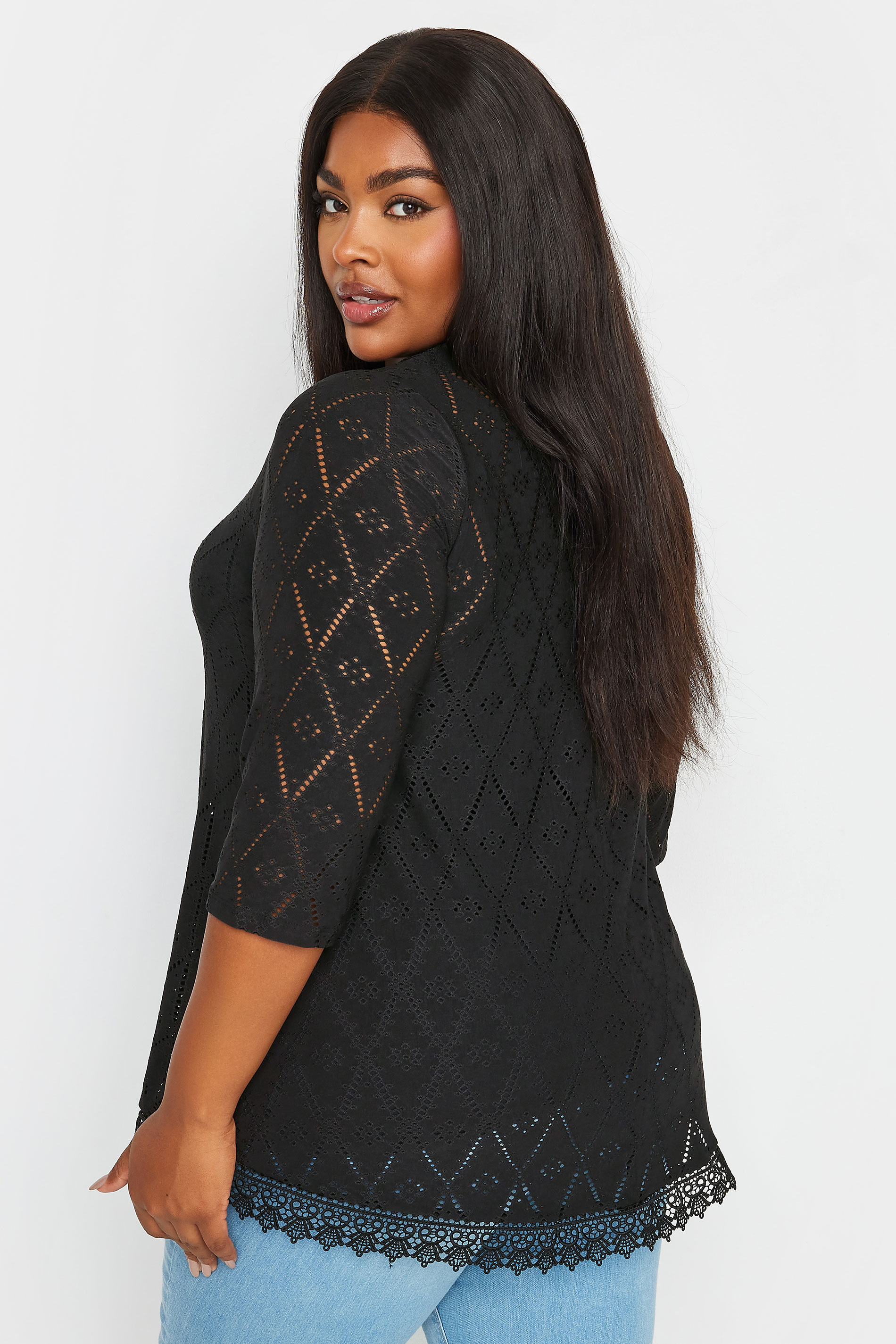 YOURS Plus Size Black Broderie Anglaise Pleat Front Top | Yours Clothing 3