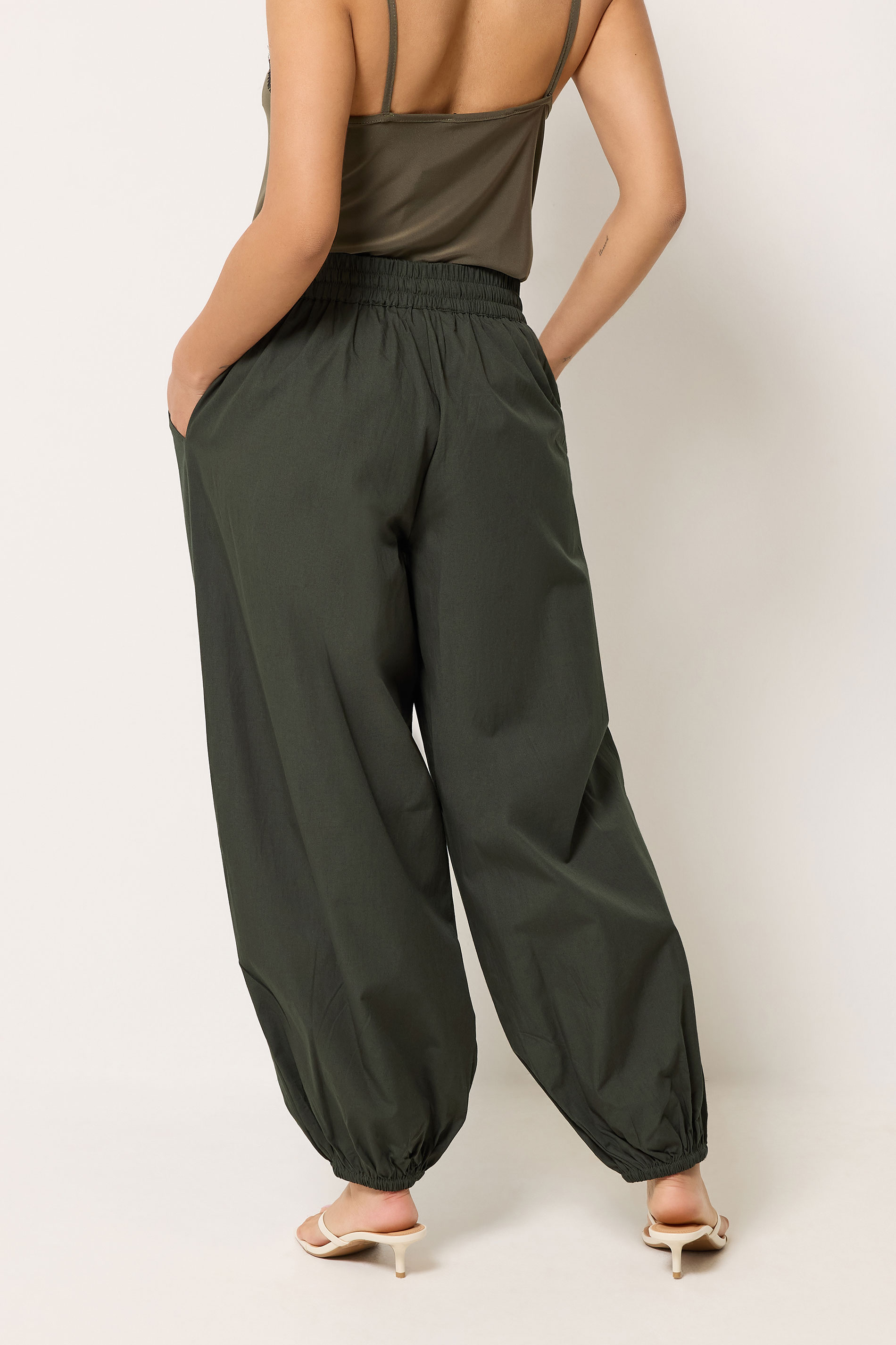 PixieGirl Petite Women's Olive Green Cotton Cuffed Balloon Trousers | PixieGirl 4
