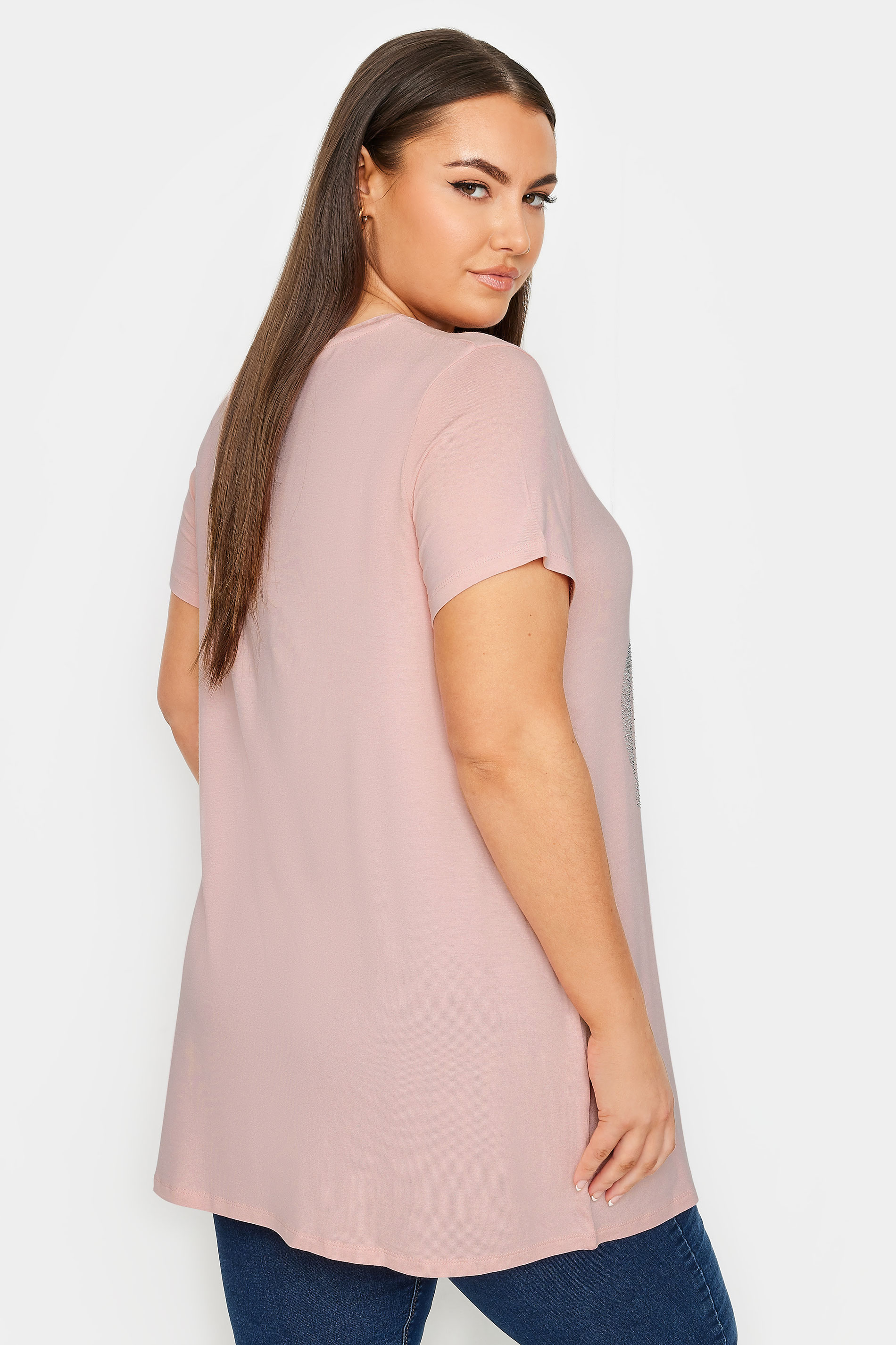 YOURS Plus Size Light Pink Glitter Heart Print T-Shirt | Yours Clothing  3