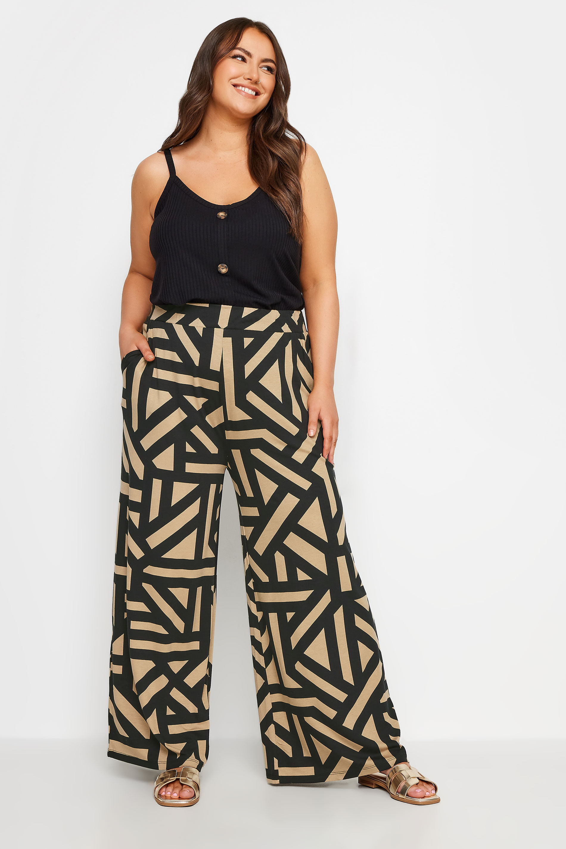 YOURS Plus Size Beige Brown Geometric Print Wide Leg Trousers | Yours Clothing 2