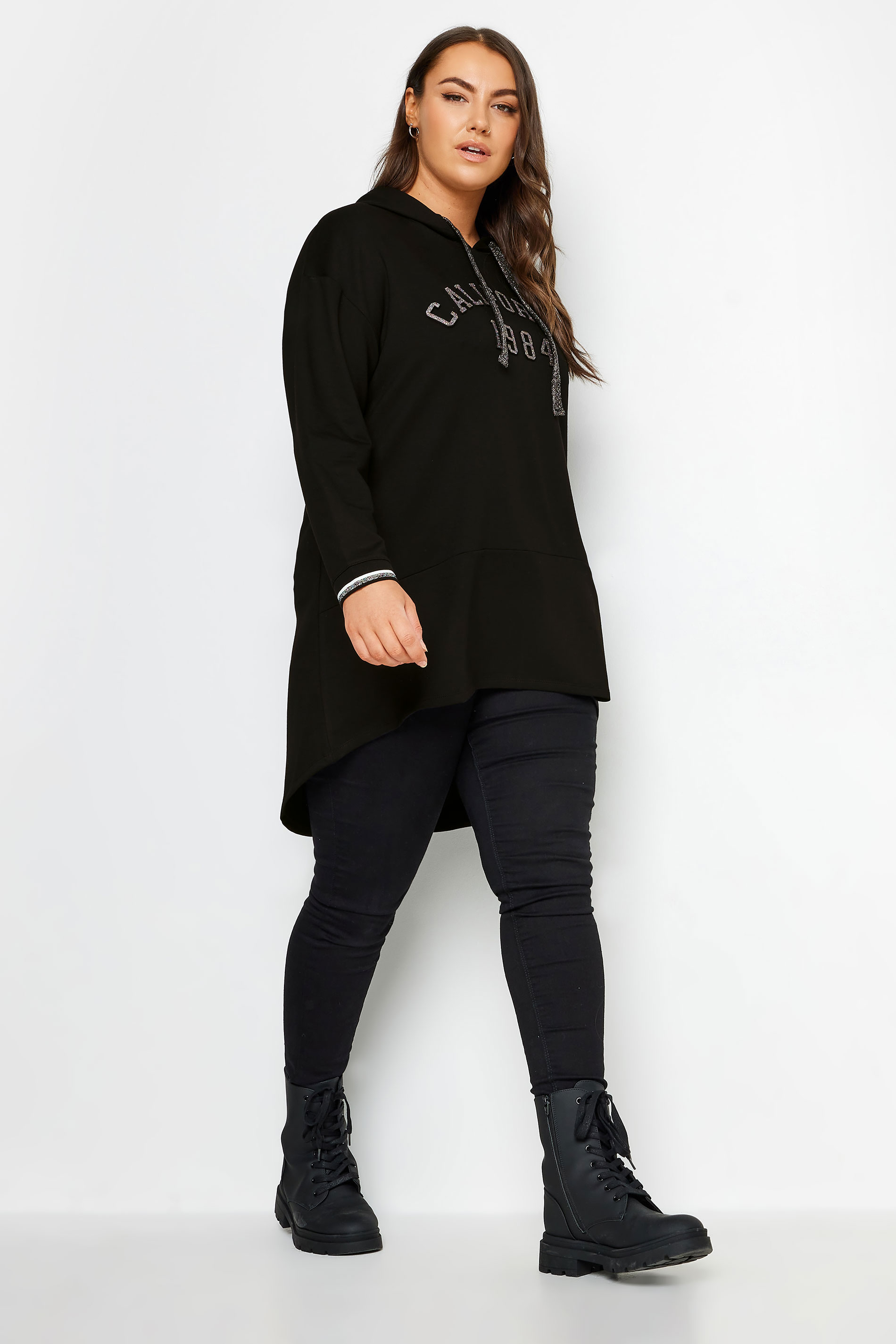 YOURS Plus Size Black 'California' Glitter Embellished Hoodie | Yours Curve 2