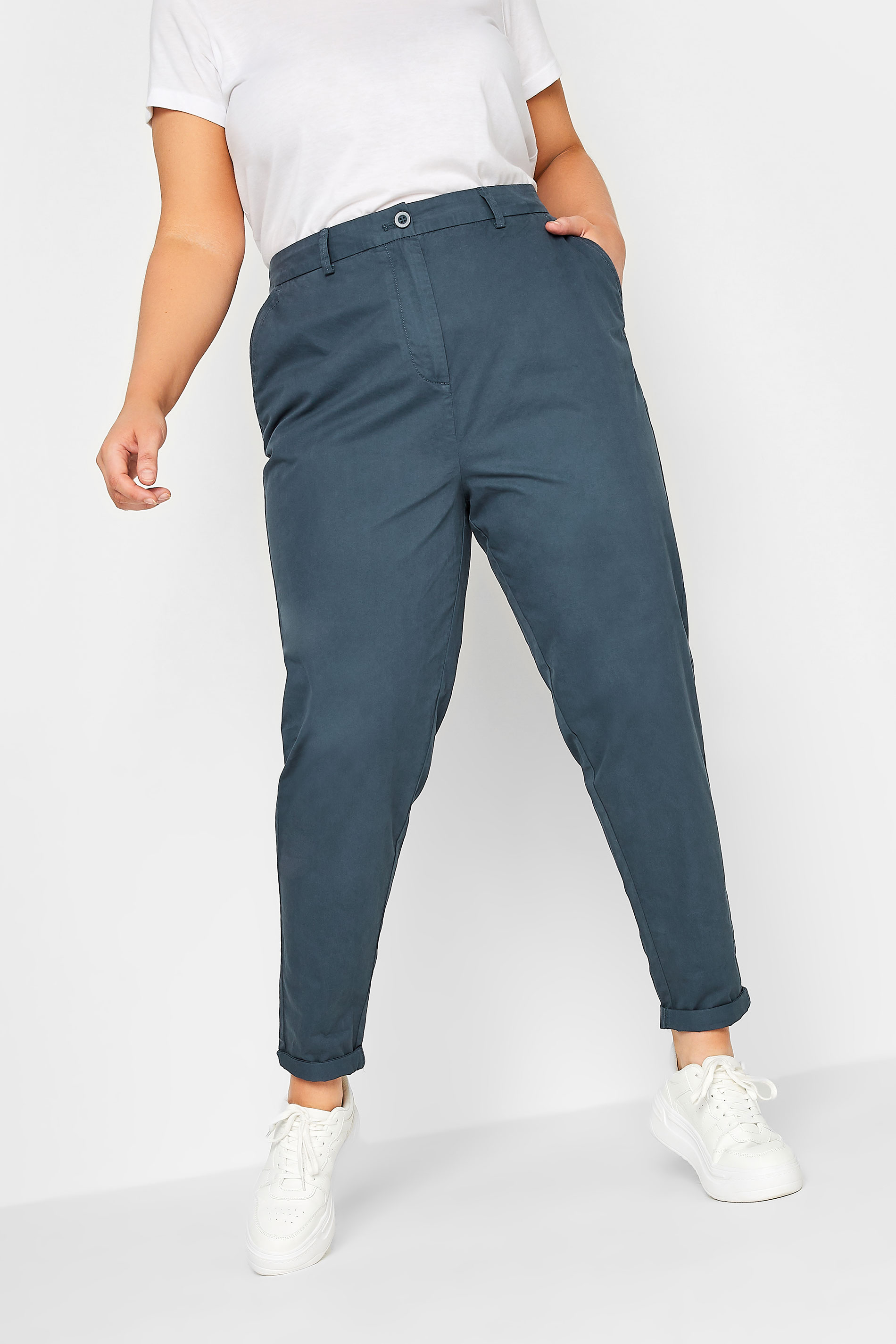 YOURS Curve Plus Size Dark Blue Straight Leg Chino Trousers | Yours Clothing  1