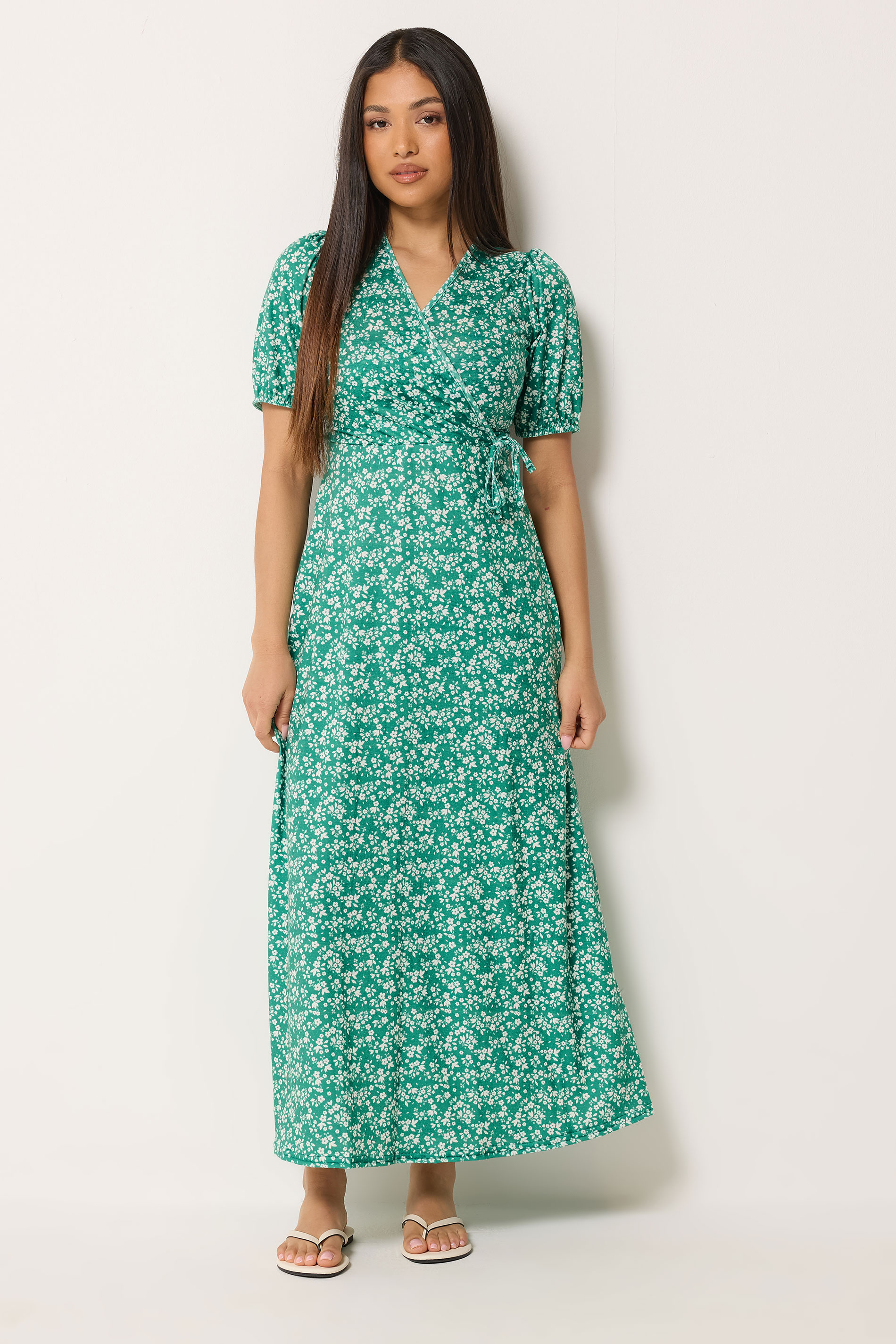 M&Co Petite Green Ditsy Floral Print Maxi Wrap Dress | M&Co 1