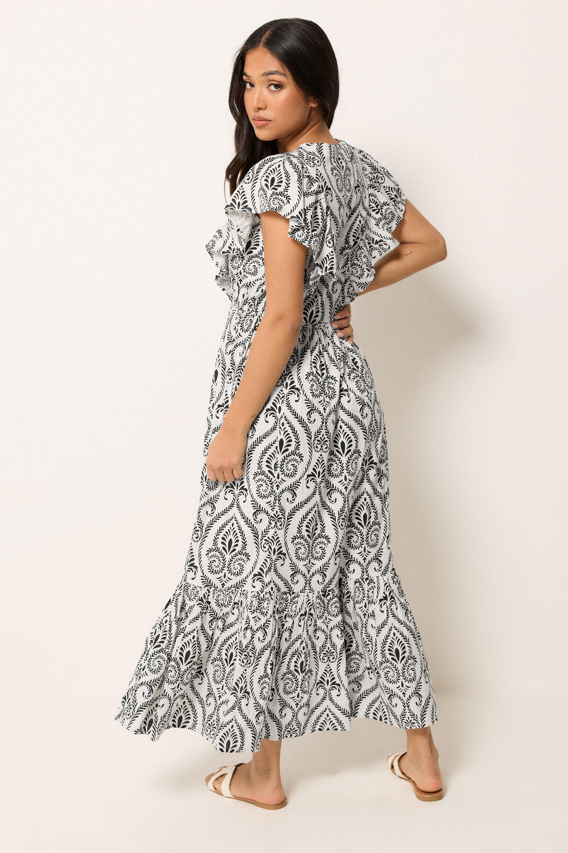 PixieGirl Petite Women's White Tile Print Tiered Maxi Dress | PixieGirl 4
