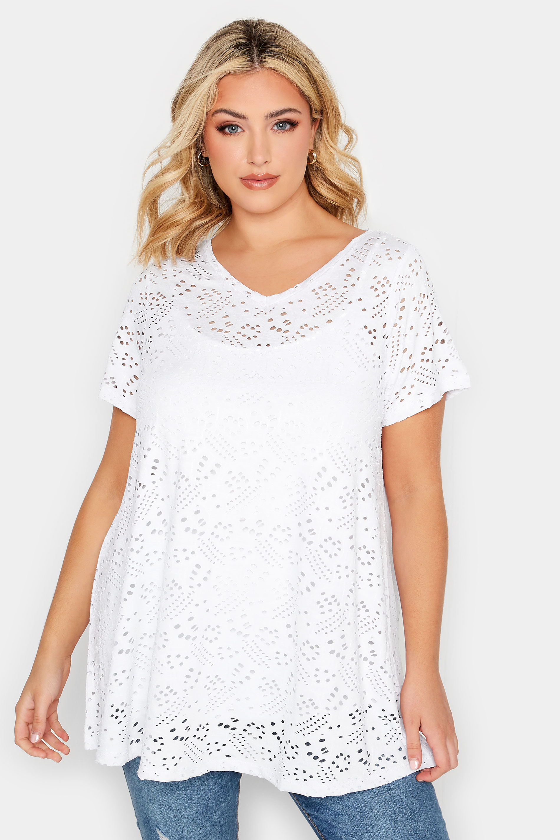YOURS Curve Plus Size 2 PACK White & Black Broderie Anglaise Swing V-Neck T-Shirt | Yours Clothing  2
