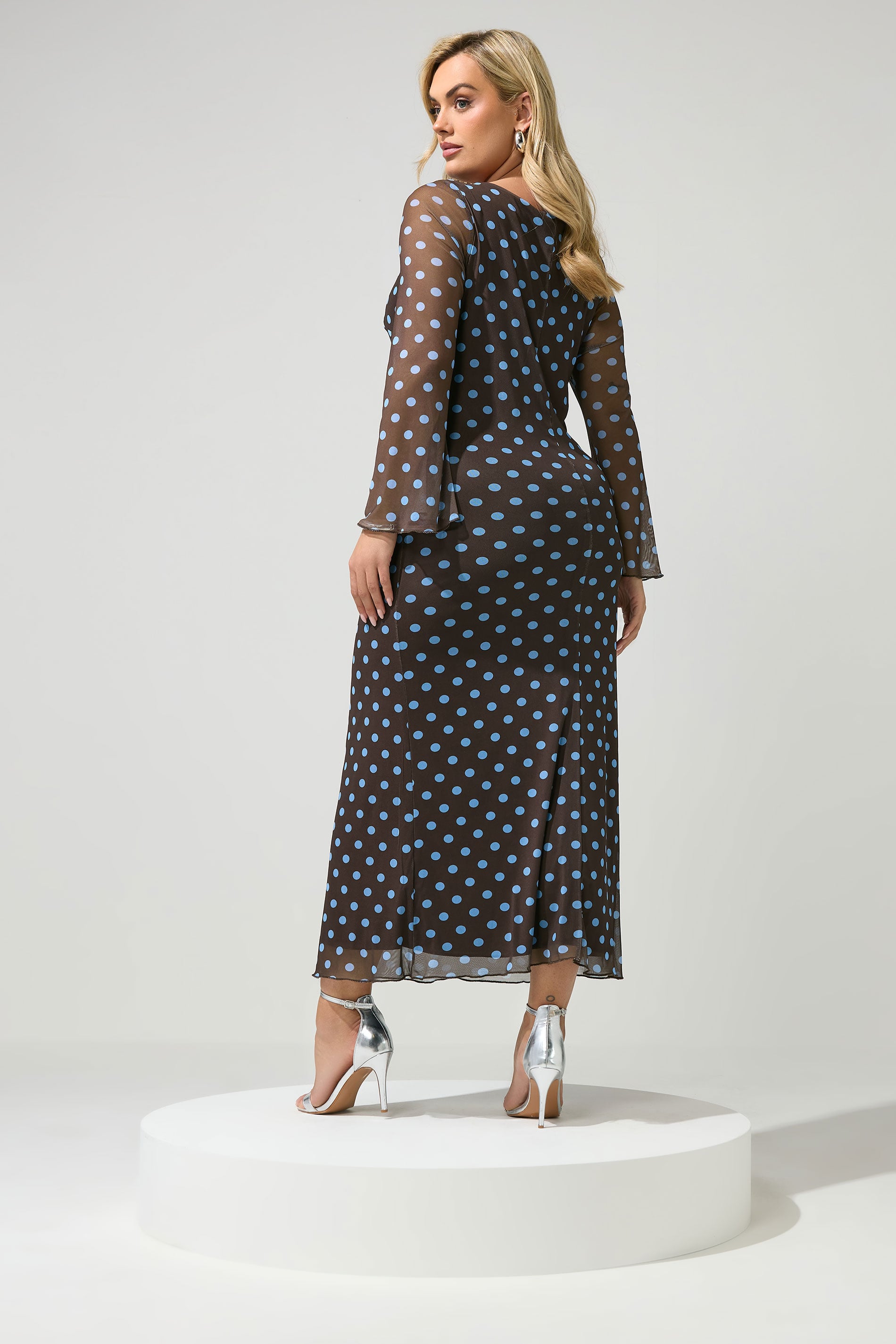 YOURS LONDON Plus Size Chocolate Brown & Blue Polka Dot Mesh Dress | Yours Clothing 2