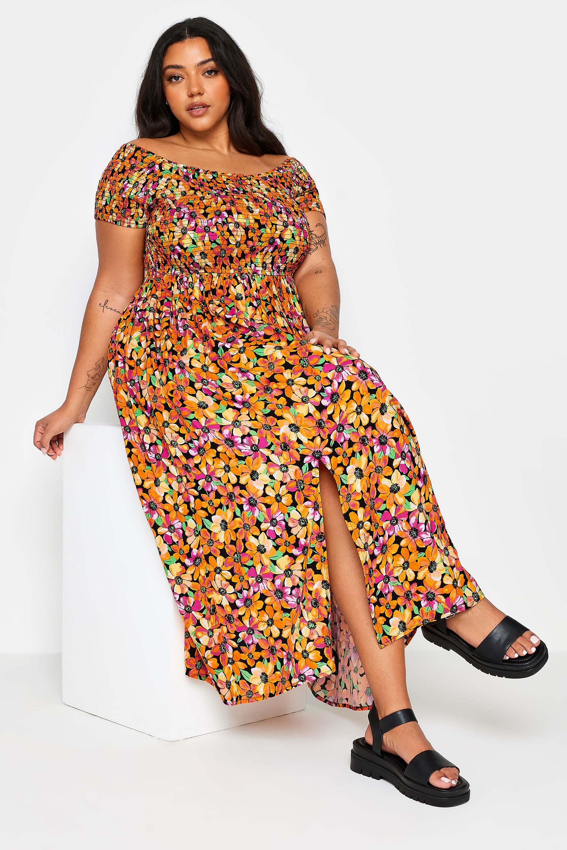 YOURS Plus Size Orange Ditsy Floral Print Shirred Bardot Maxi Dress | Yours Clothing 2