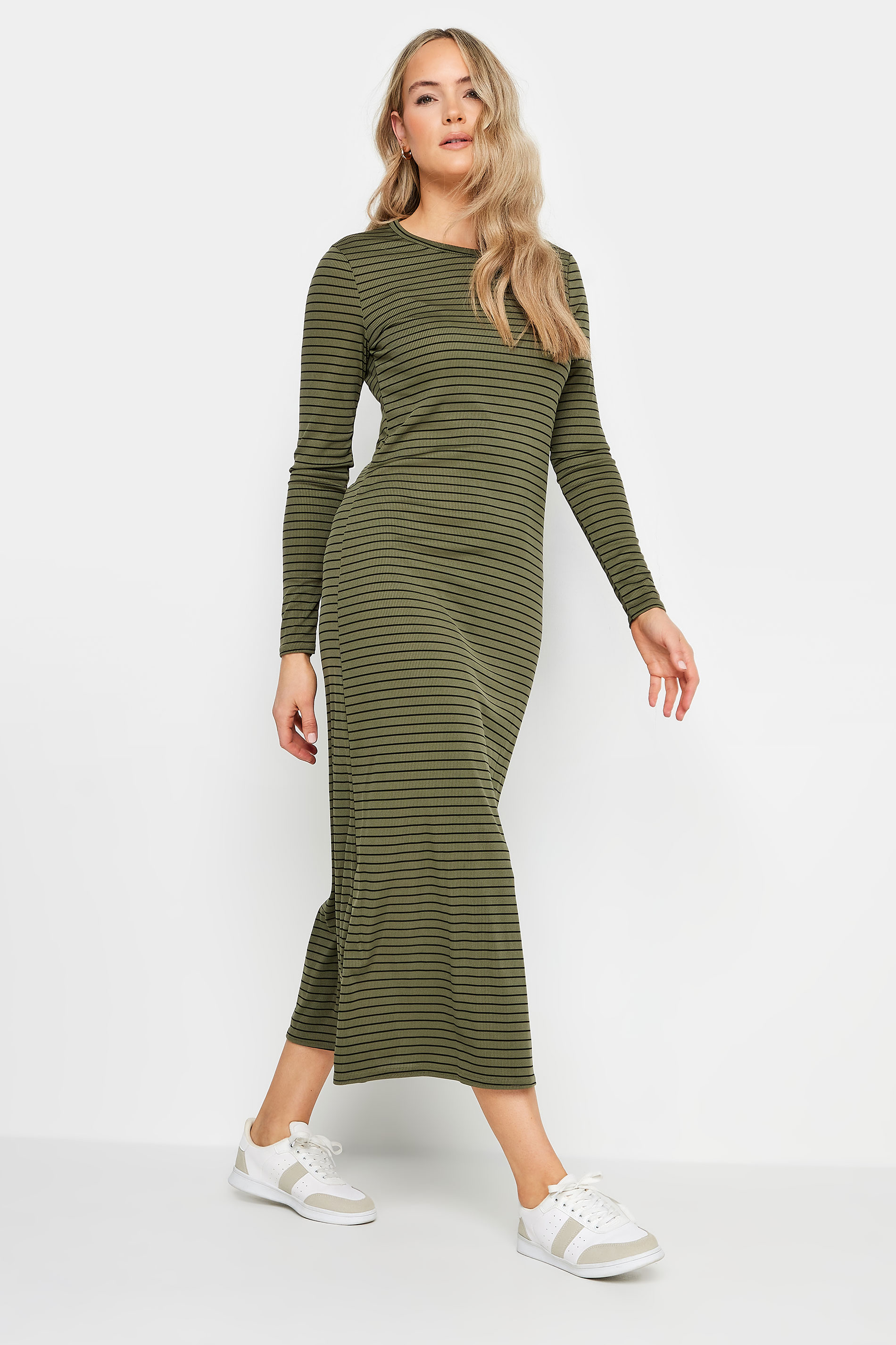 LTS Tall Womens Khaki Green & Black Stripe Ribbed Midi Dress | Long Tall Sally  2