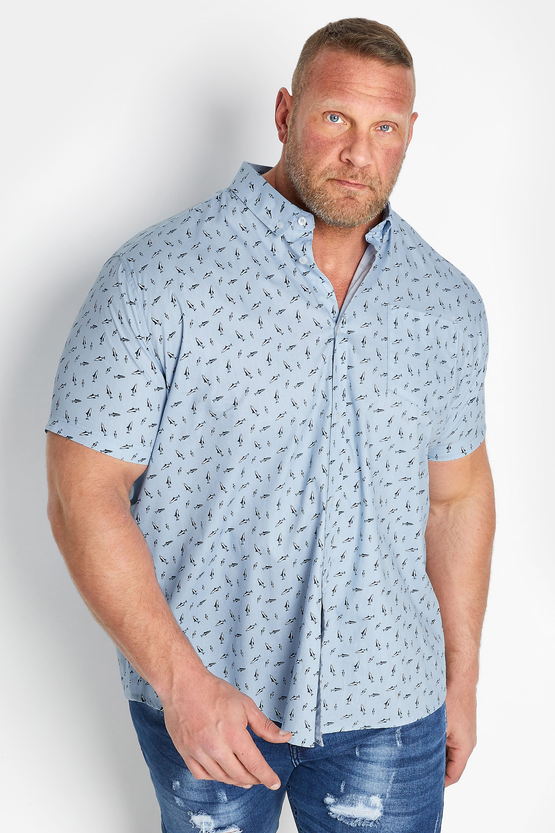 BadRhino Big & Tall Light Blue Shark Print Short Sleeve Shirt | BadRhino  1
